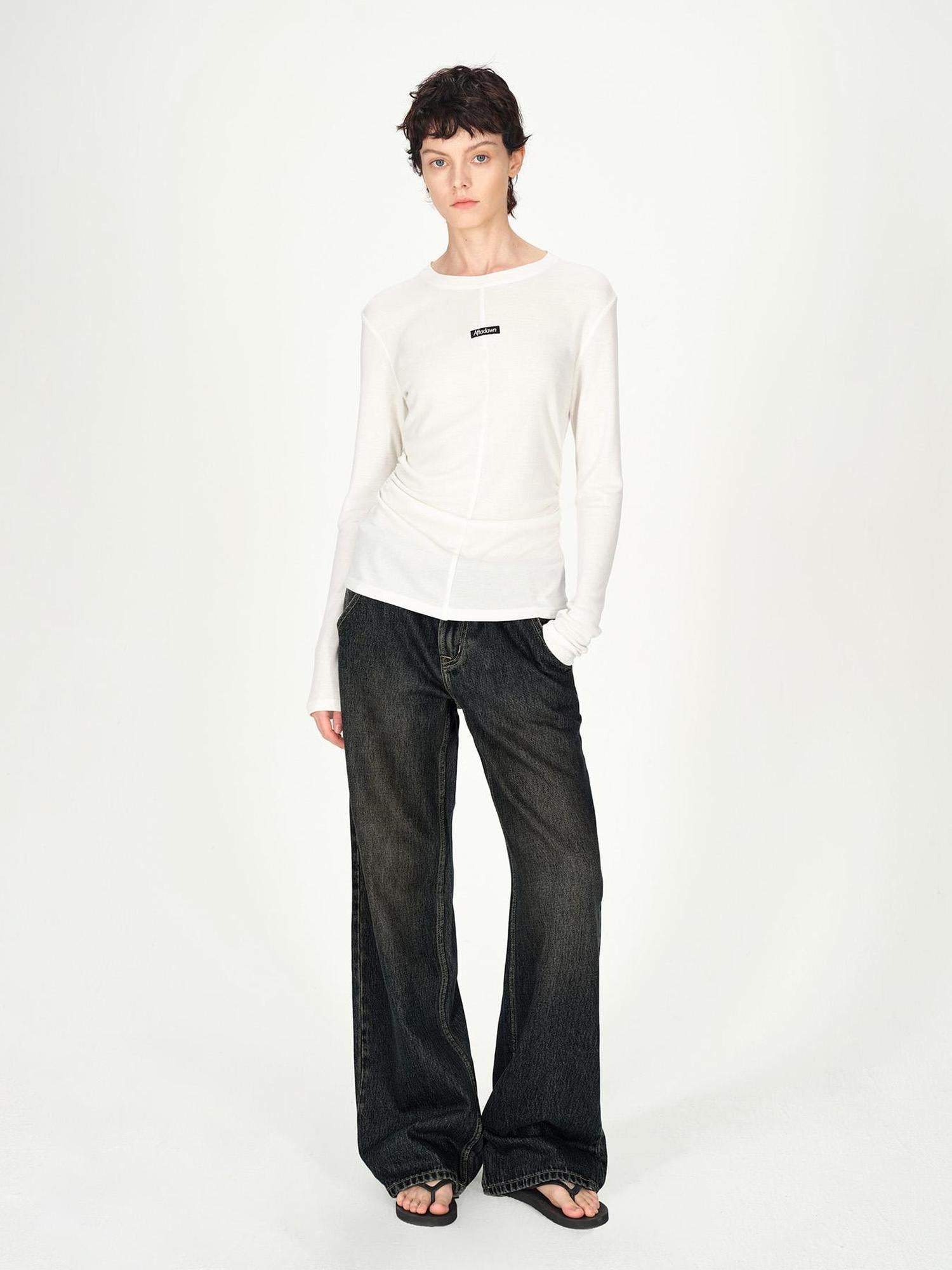 AFTADAWN Rayon Wool Logo Embroidered Waist Gathered Long Sleeve Tee