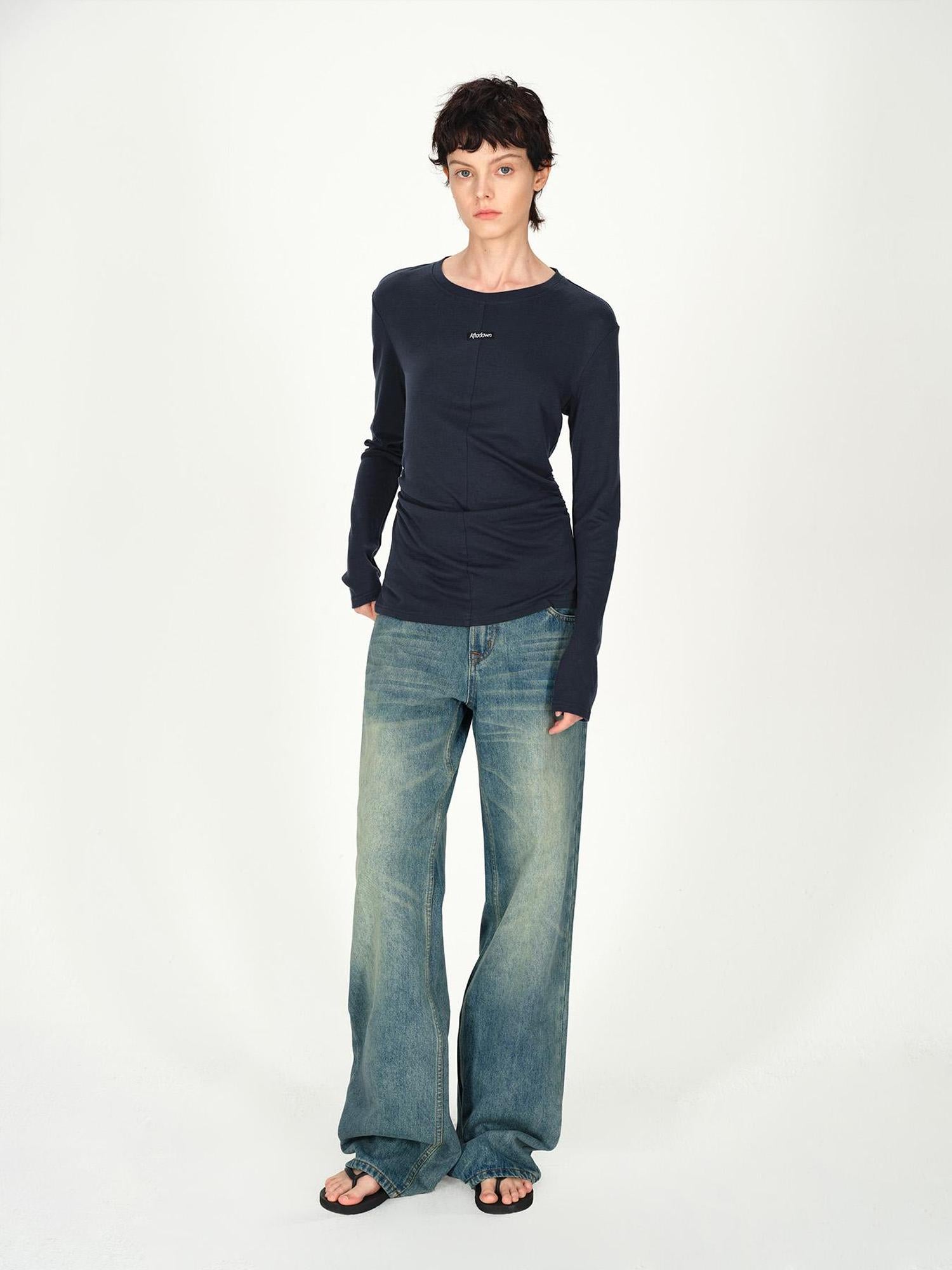 AFTADAWN Rayon Wool Logo Embroidered Waist Gathered Long Sleeve Tee