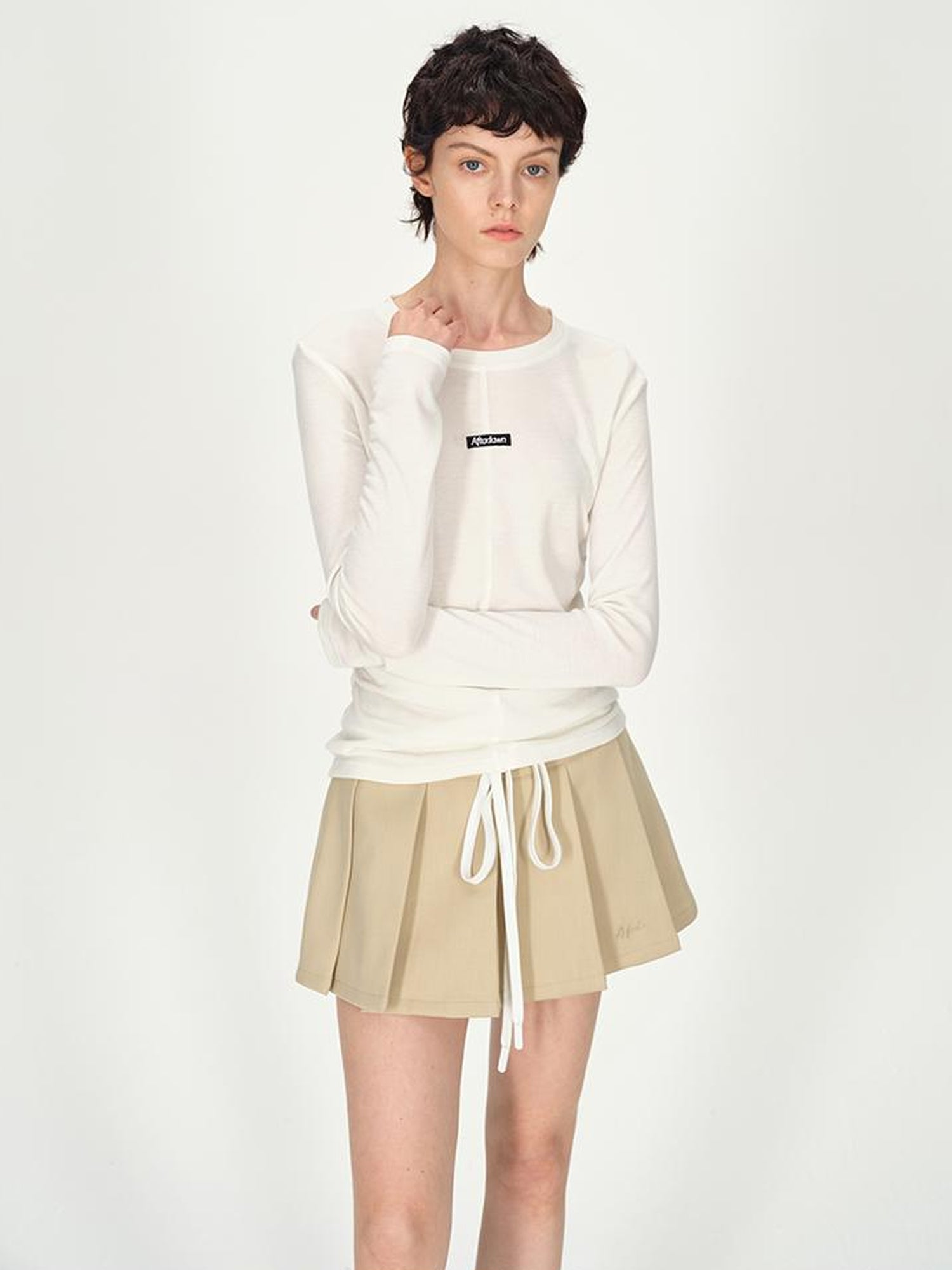 AFTADAWN Rayon Wool Logo Embroidered Waist Gathered Long Sleeve Tee