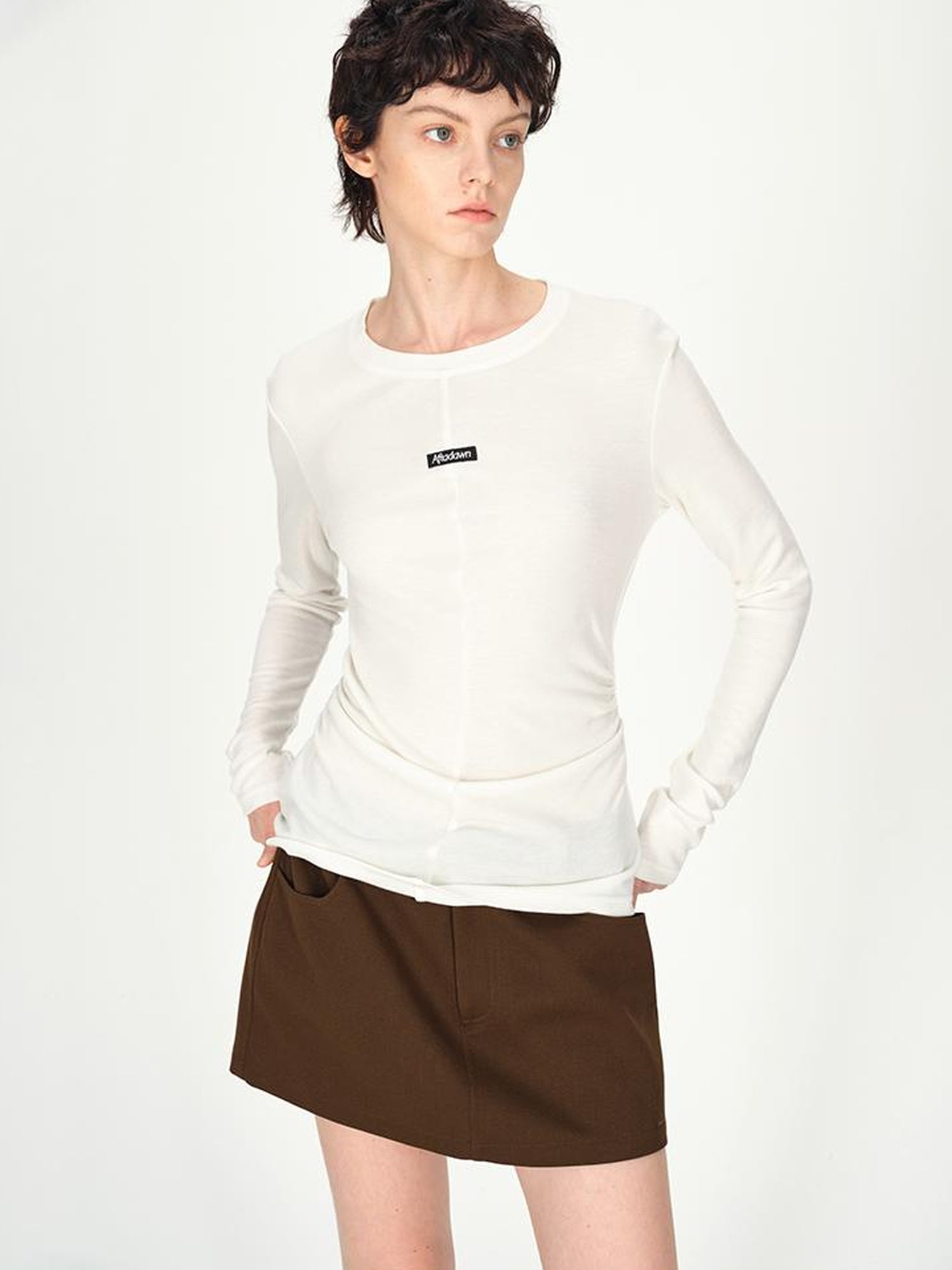 AFTADAWN Rayon Wool Logo Embroidered Waist Gathered Long Sleeve Tee