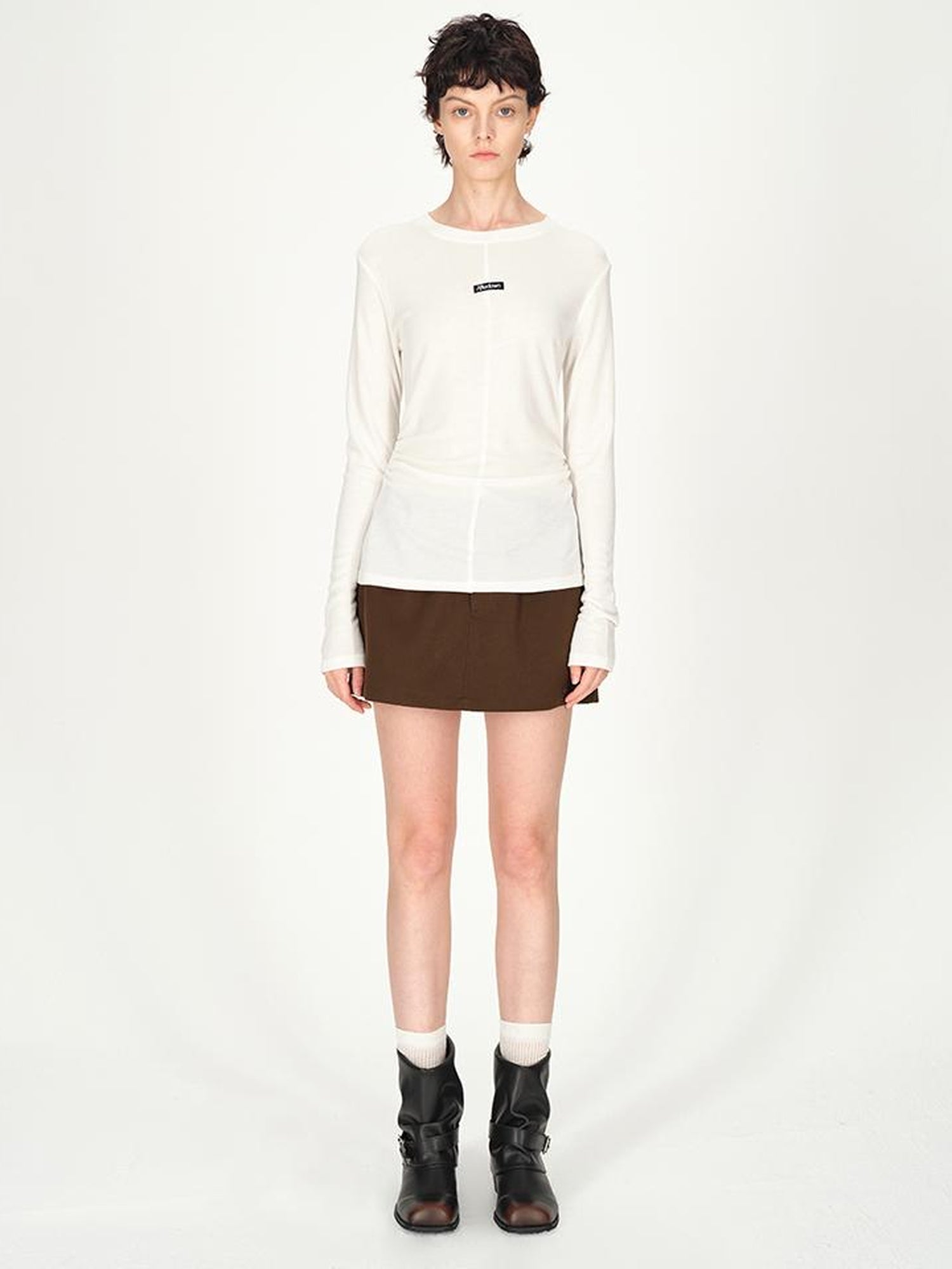 AFTADAWN Rayon Wool Logo Embroidered Waist Gathered Long Sleeve Tee