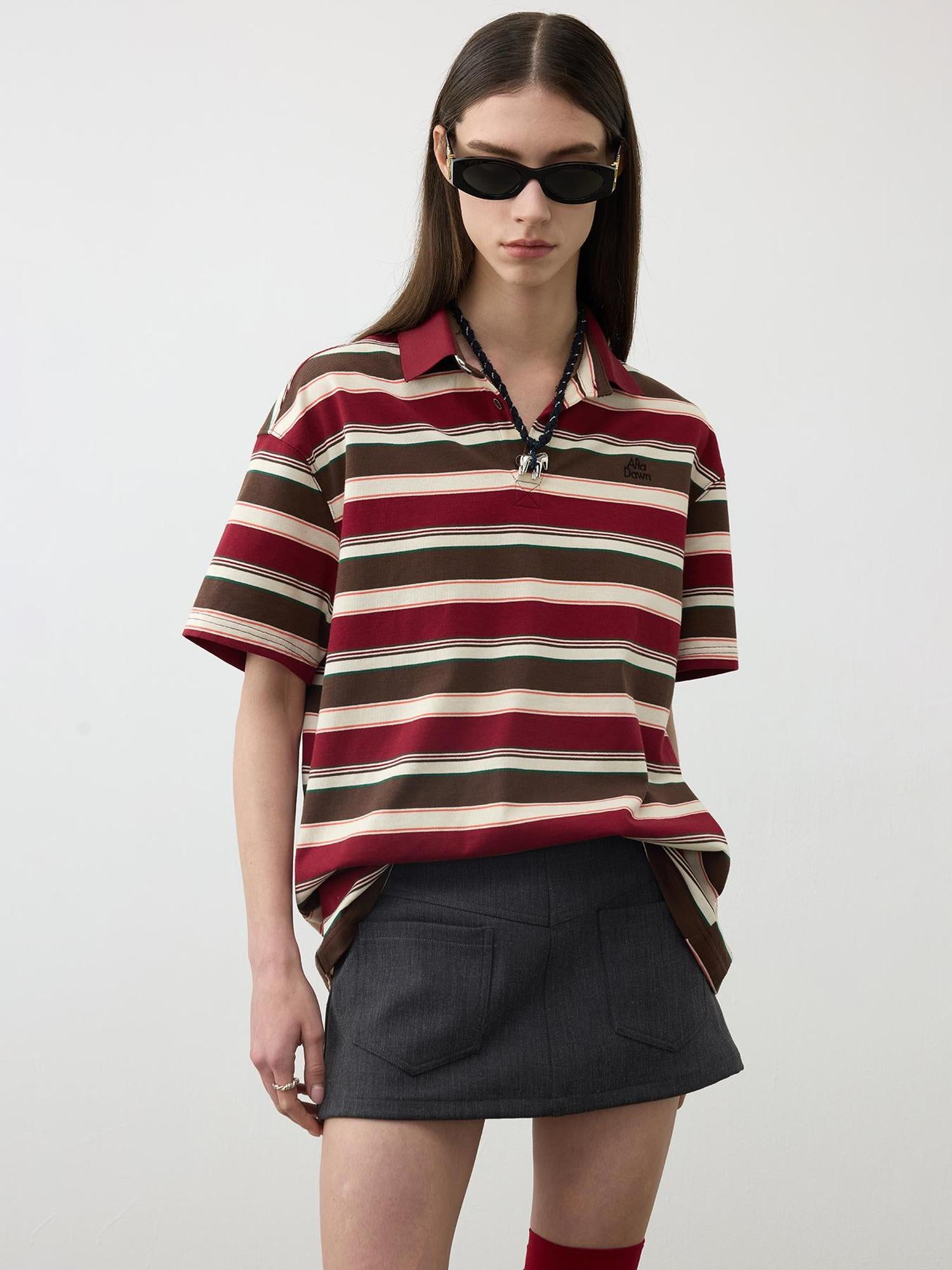 AFTADAWN Red Brown Striped Cotton Polo T-Shirt