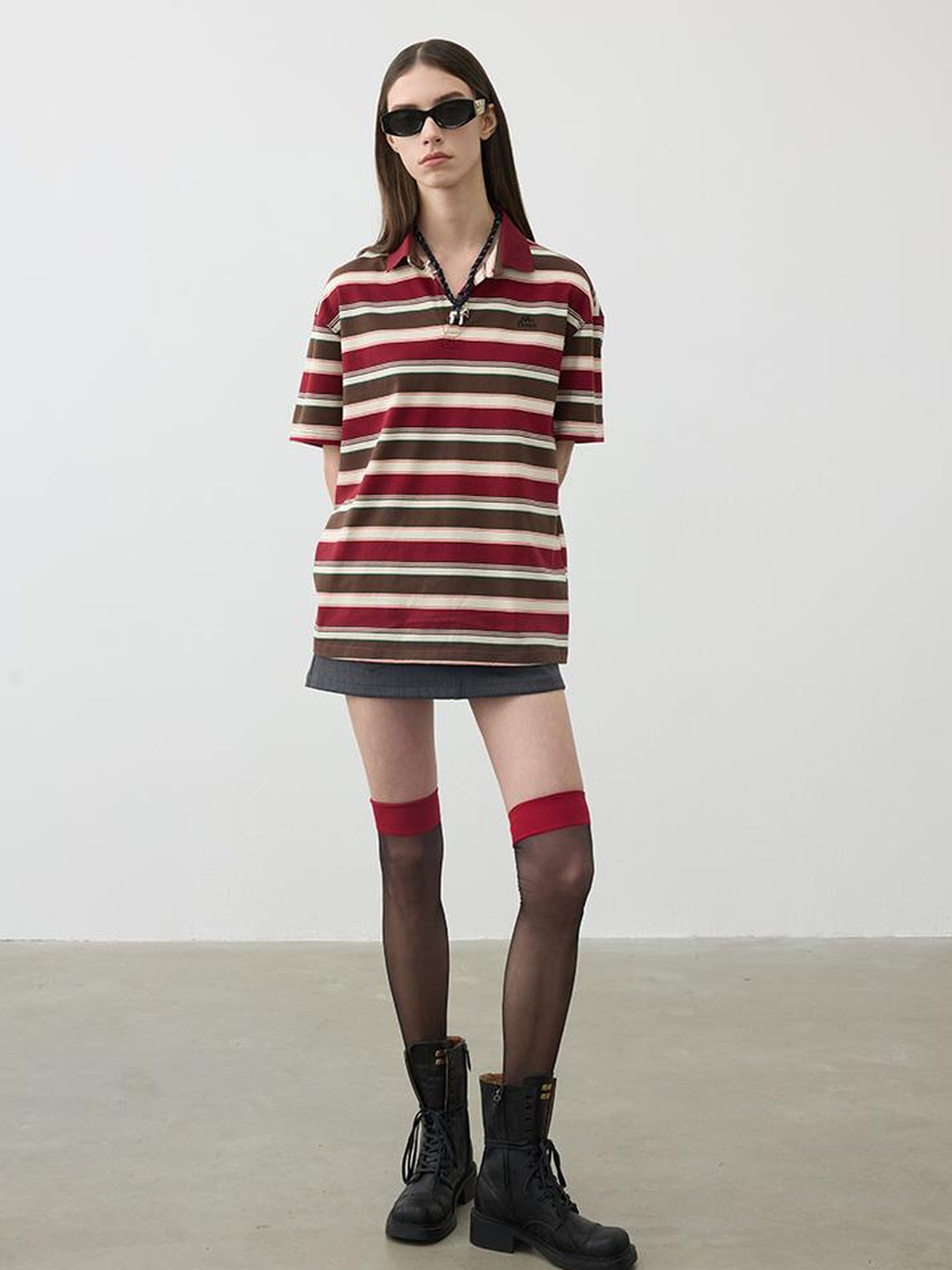AFTADAWN Red Brown Striped Cotton Polo T-Shirt