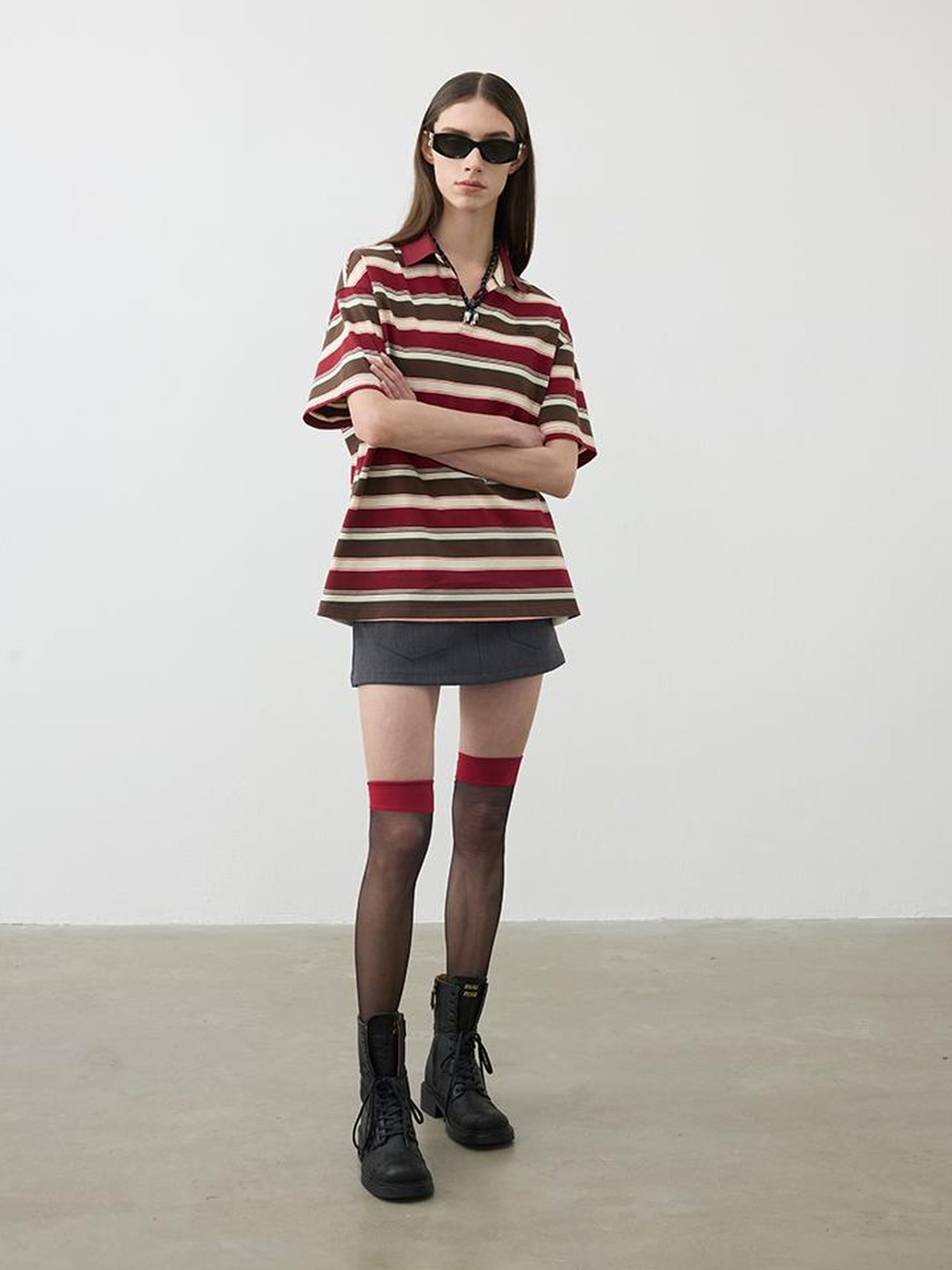 AFTADAWN Red Brown Striped Cotton Polo T-Shirt