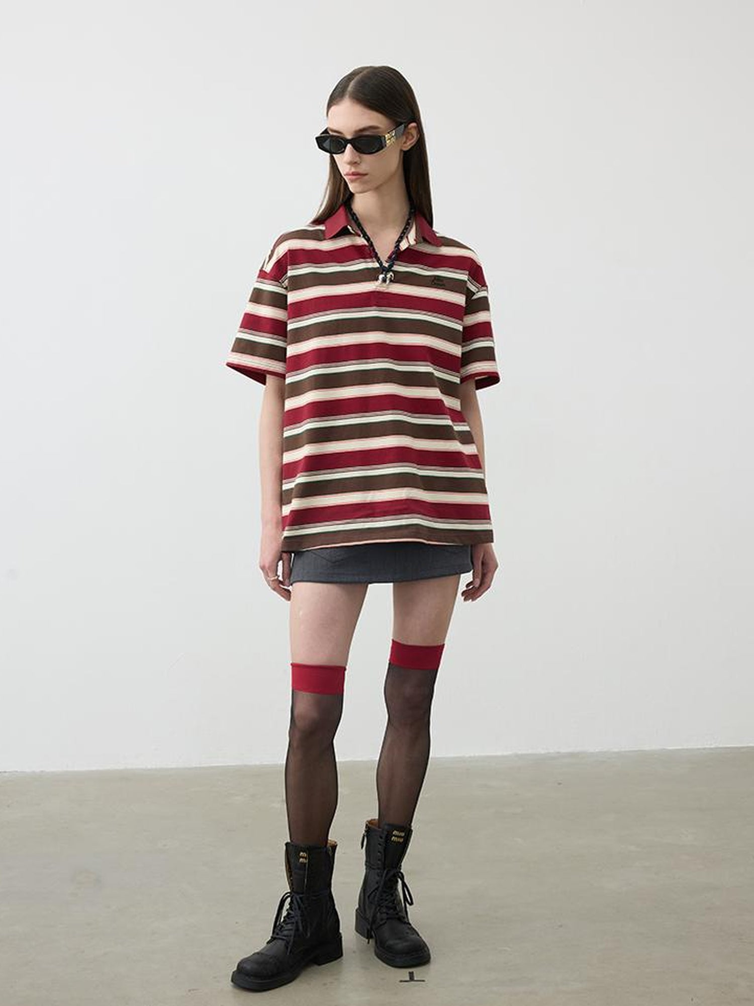 AFTADAWN Red Brown Striped Cotton Polo T-Shirt