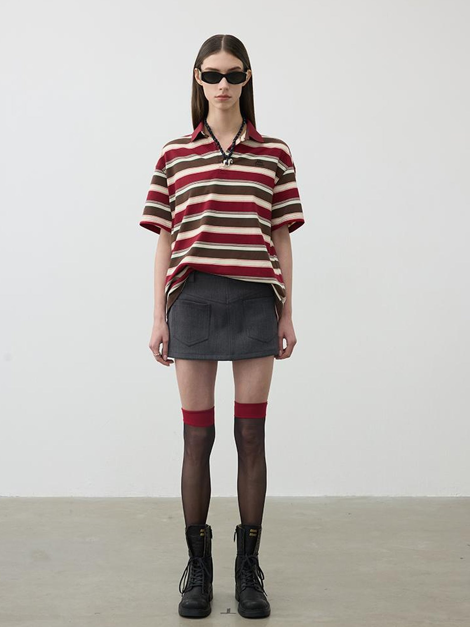 AFTADAWN Red Brown Striped Cotton Polo T-Shirt