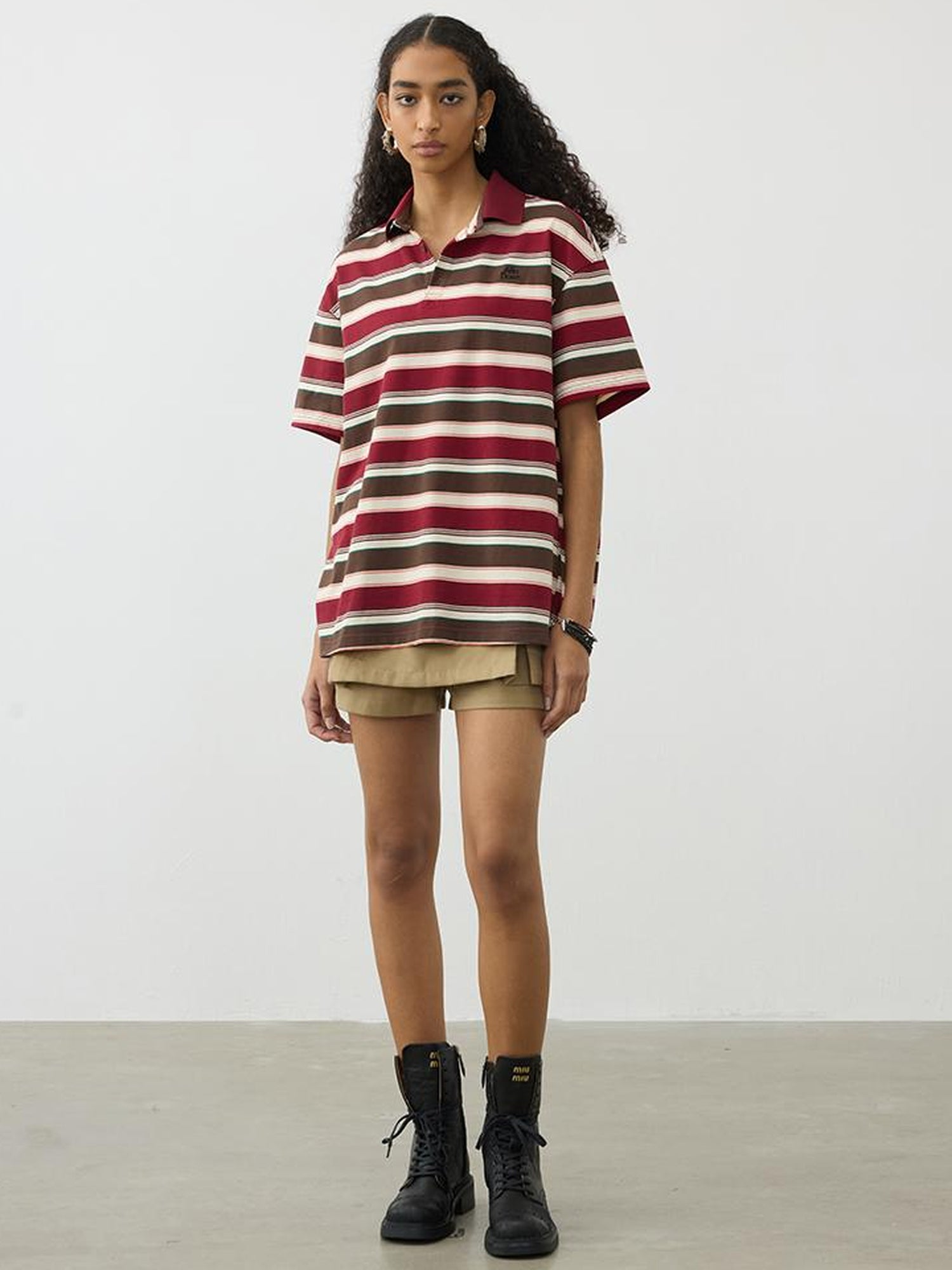 AFTADAWN Red Brown Striped Cotton Polo T-Shirt
