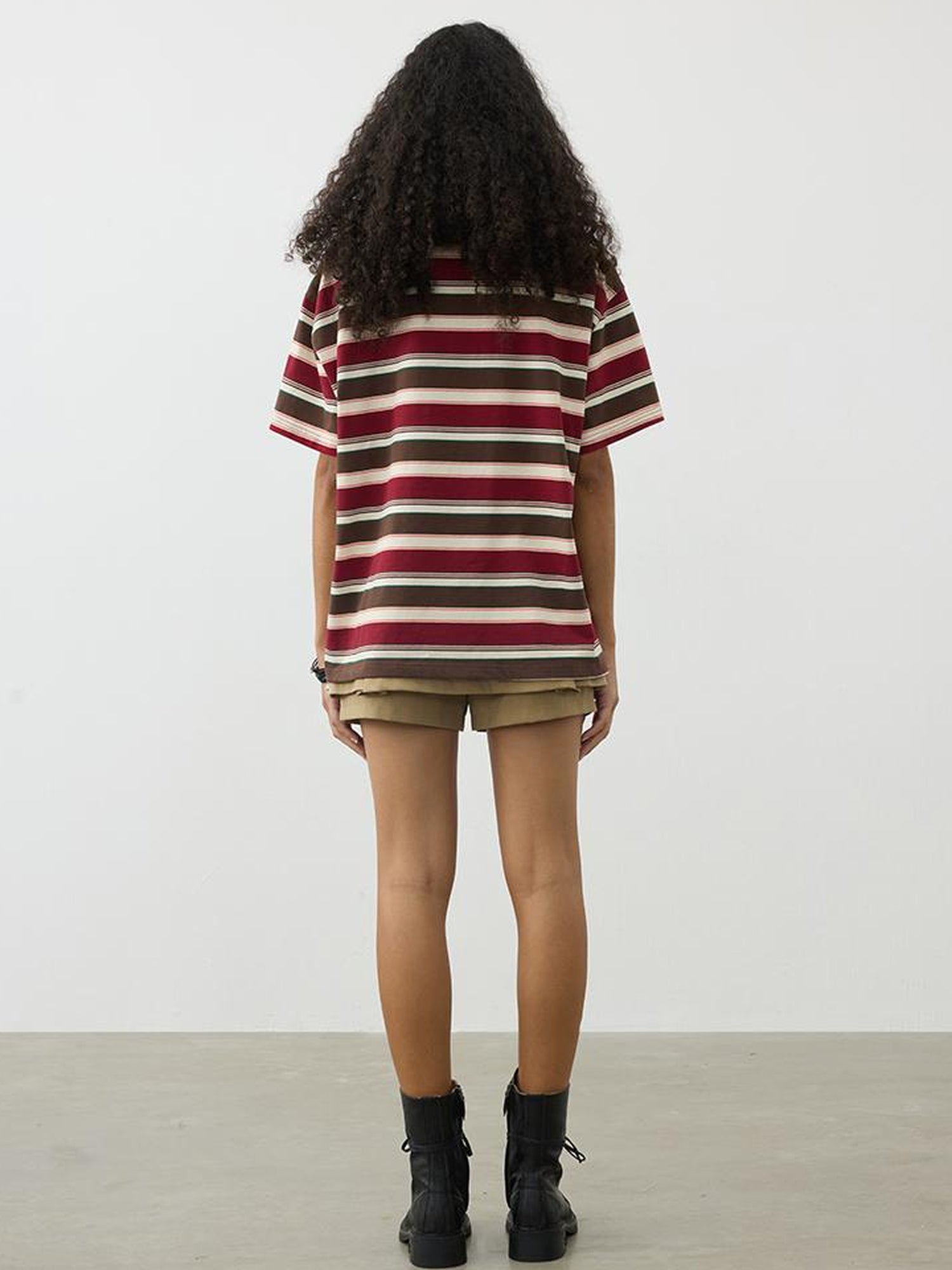 AFTADAWN Red Brown Striped Cotton Polo T-Shirt