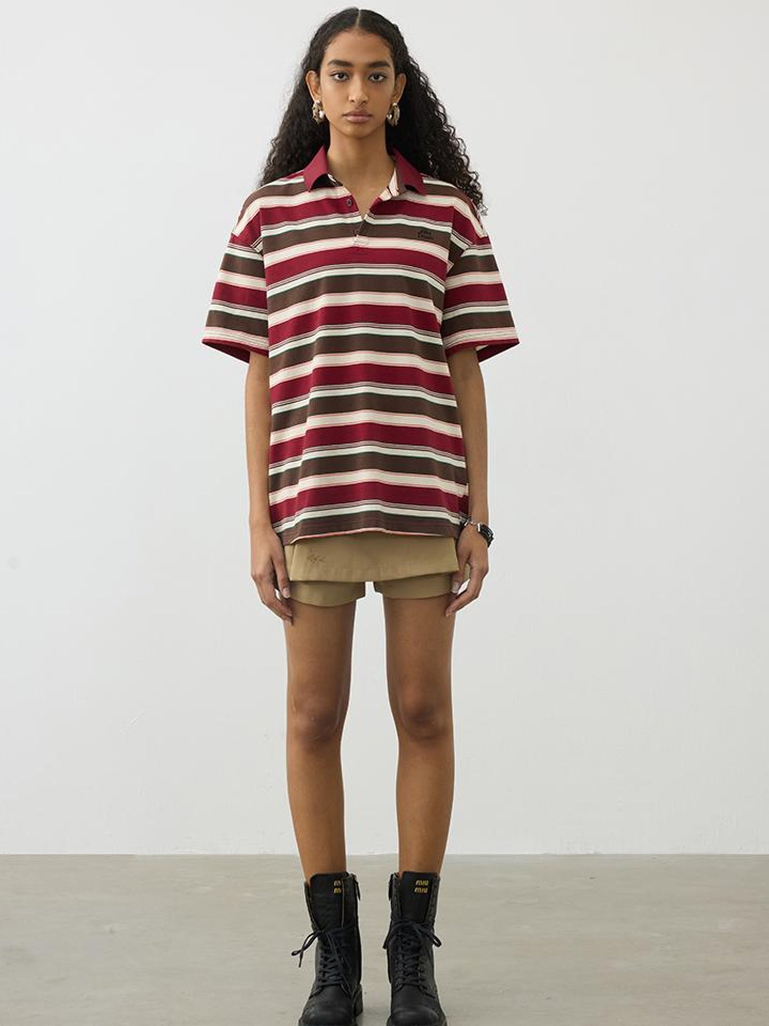 AFTADAWN Red Brown Striped Cotton Polo T-Shirt