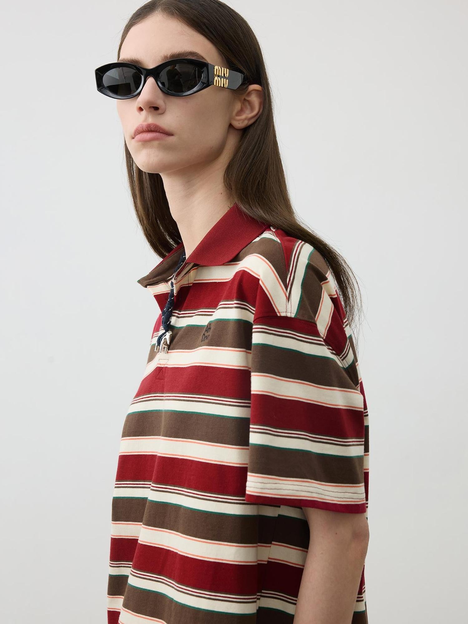 AFTADAWN Red Brown Striped Cotton Polo T-Shirt