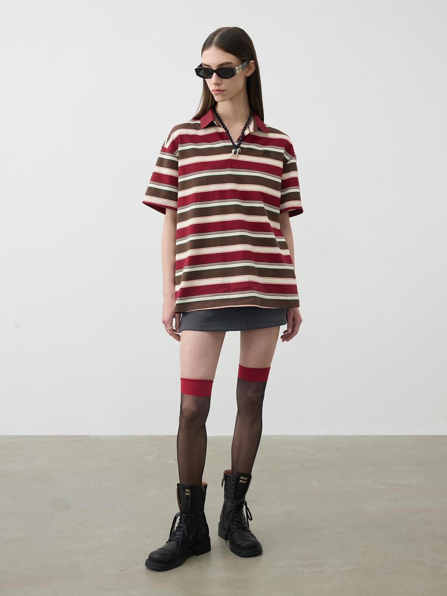 AFTADAWN Red Brown Striped Cotton Polo T-Shirt