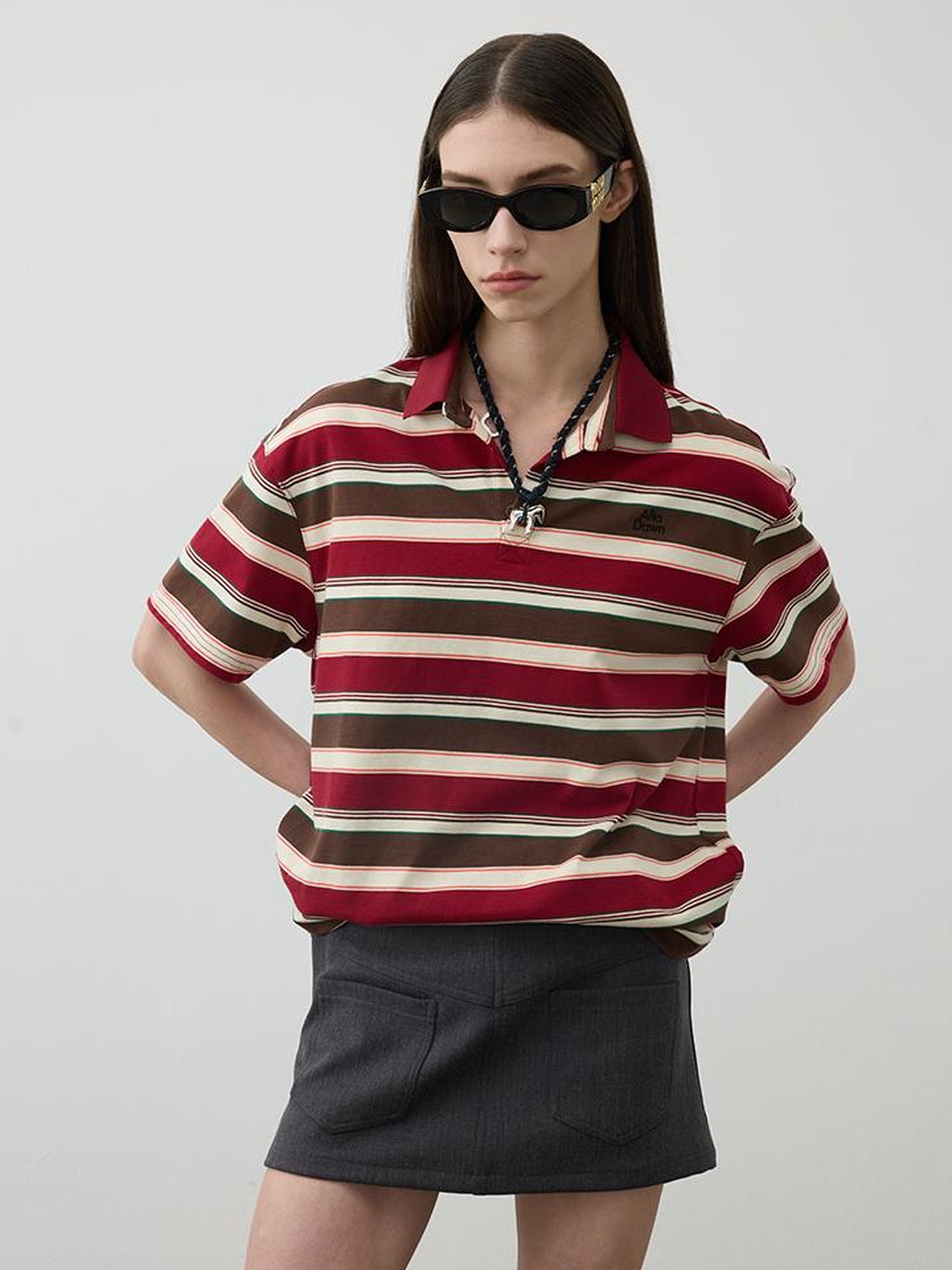 AFTADAWN Red Brown Striped Cotton Polo T-Shirt