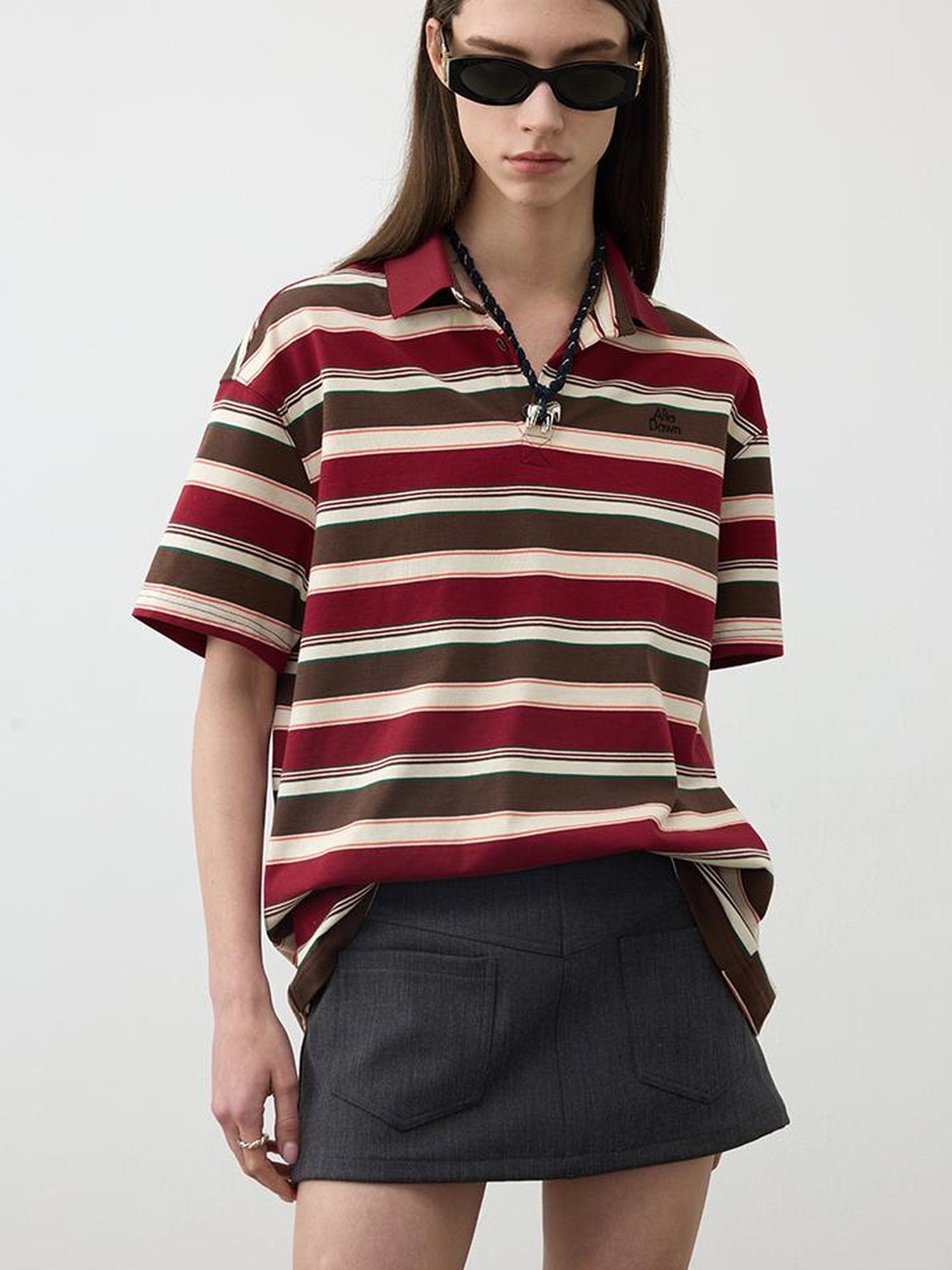 AFTADAWN Red Brown Striped Cotton Polo T-Shirt