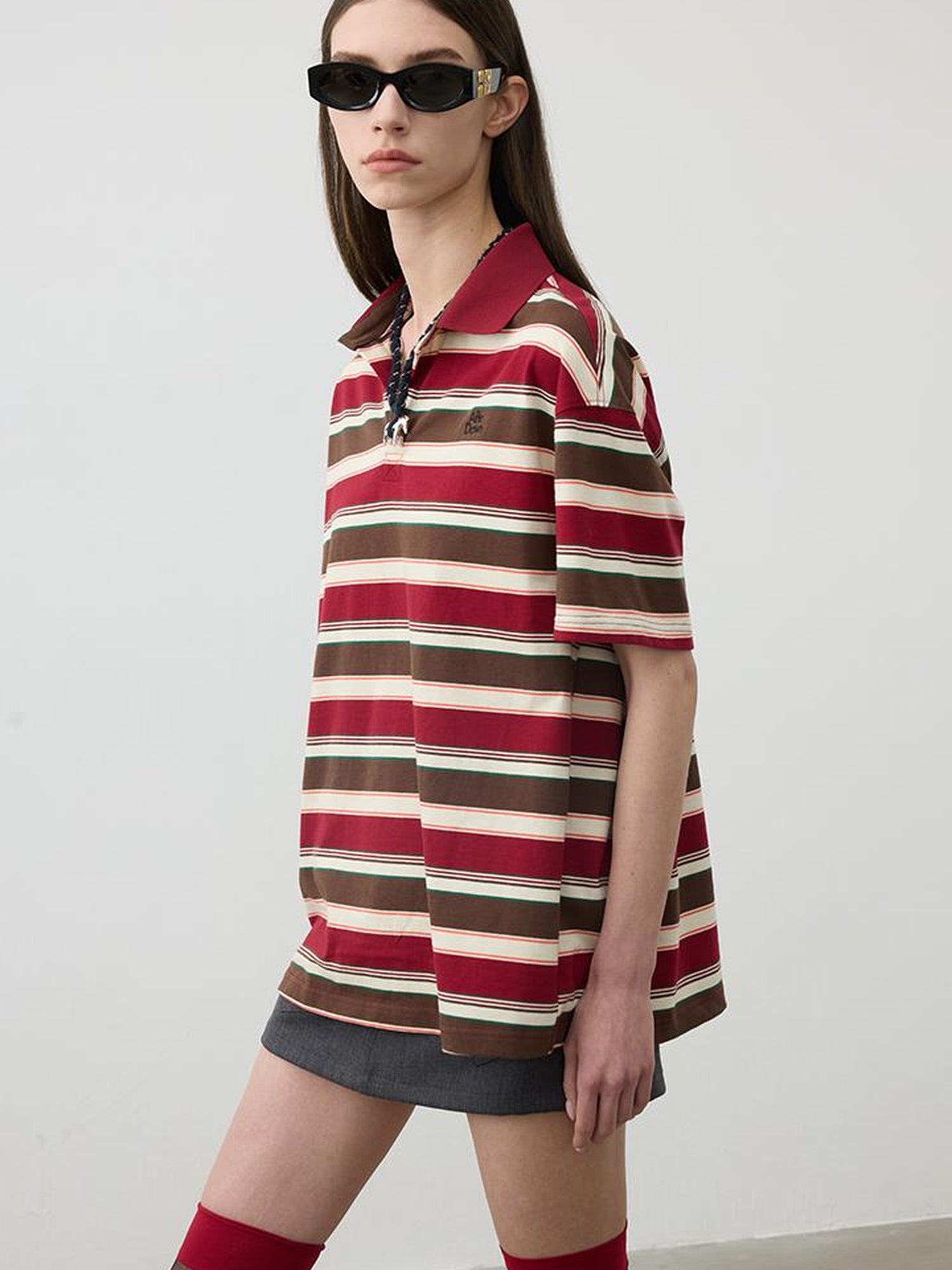 AFTADAWN Red Brown Striped Cotton Polo T-Shirt