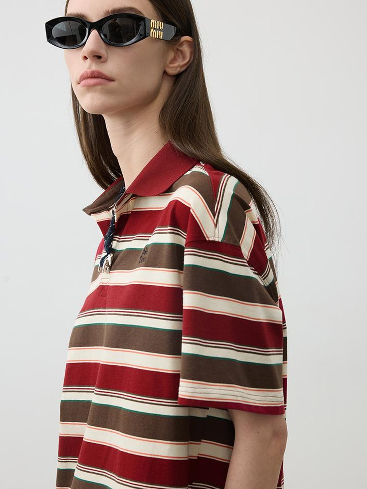 AFTADAWN Red Brown Striped Cotton Polo T-Shirt
