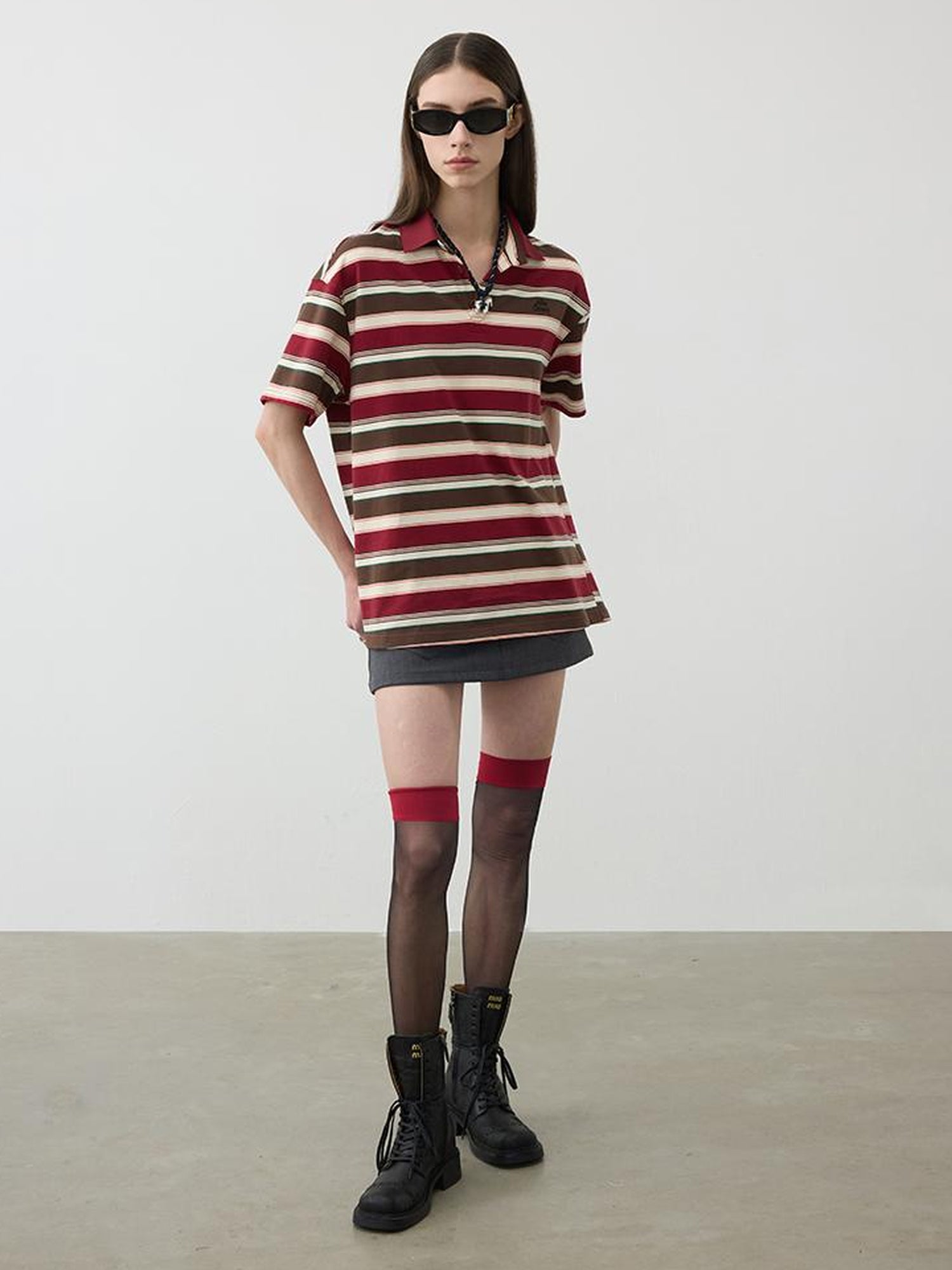 AFTADAWN Red Brown Striped Cotton Polo T-Shirt