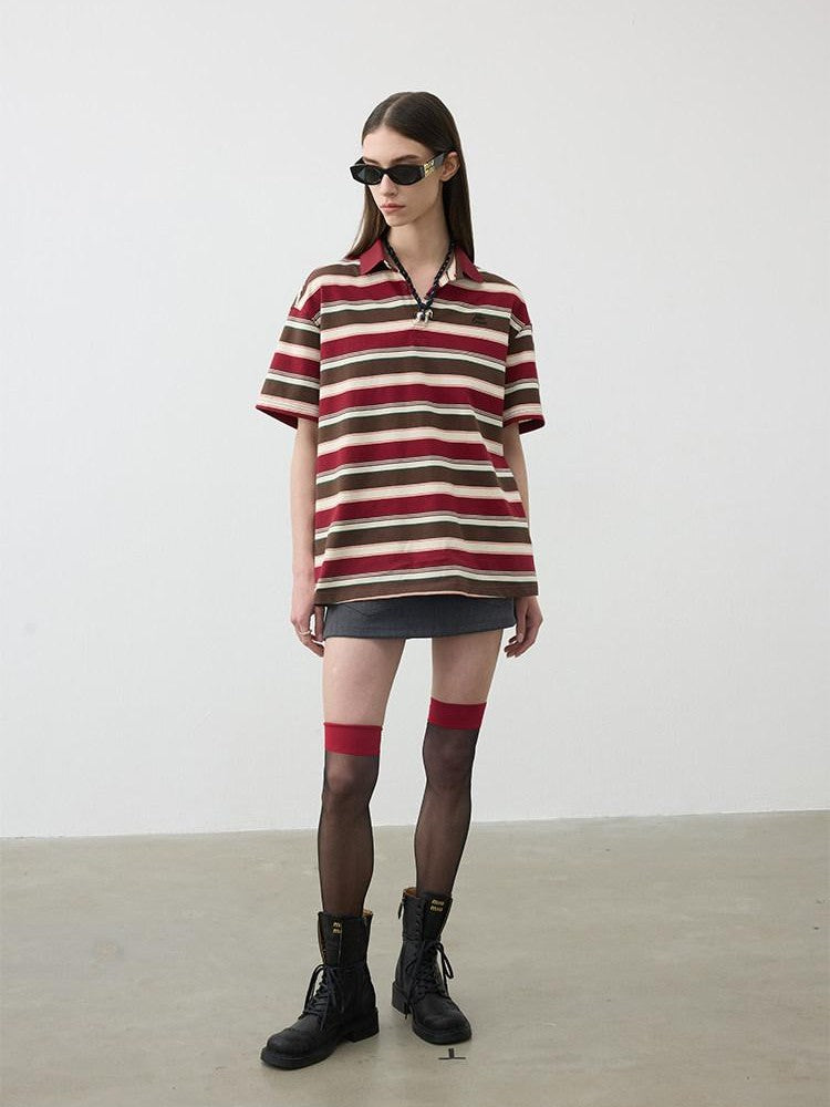 AFTADAWN Red Brown Striped Logo Polo Buttoned Women&