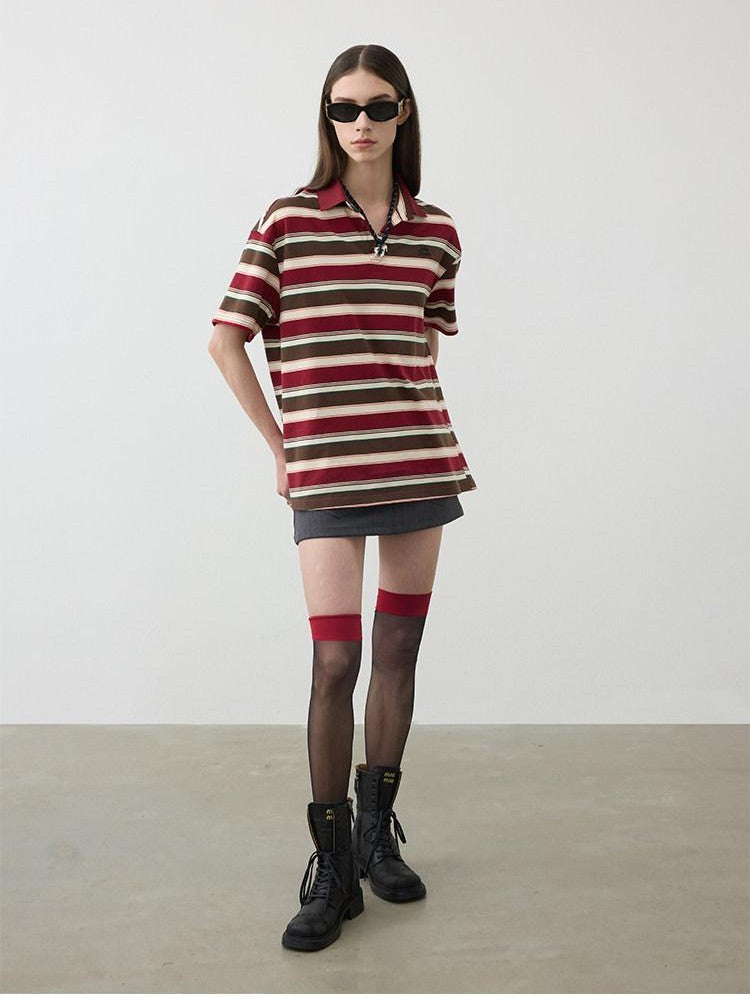AFTADAWN Red Brown Striped Logo Polo Buttoned Women&