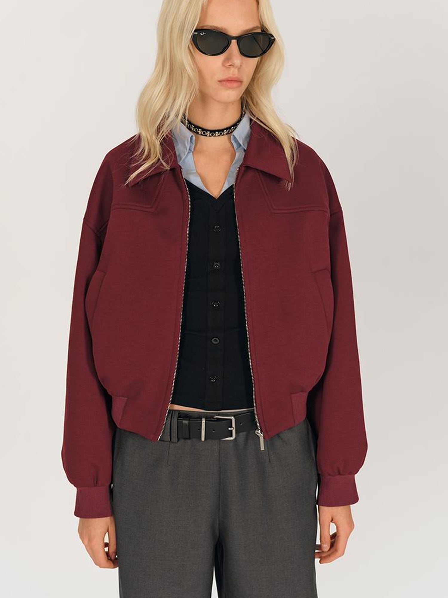 AFTADAWN Red Notch Collar Lyocell Zip Pocket Oversized Jacket