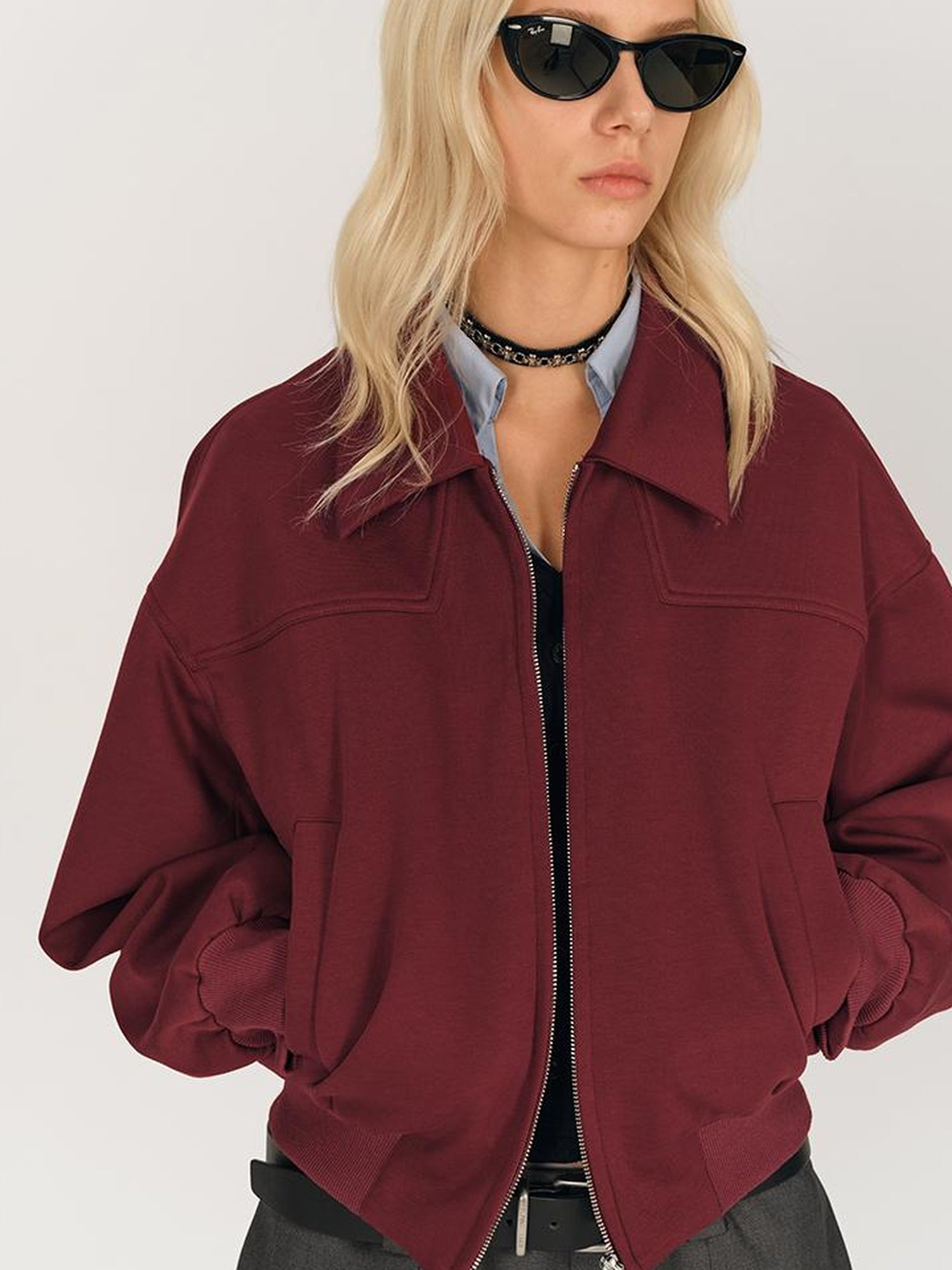 AFTADAWN Red Notch Collar Lyocell Zip Pocket Oversized Jacket