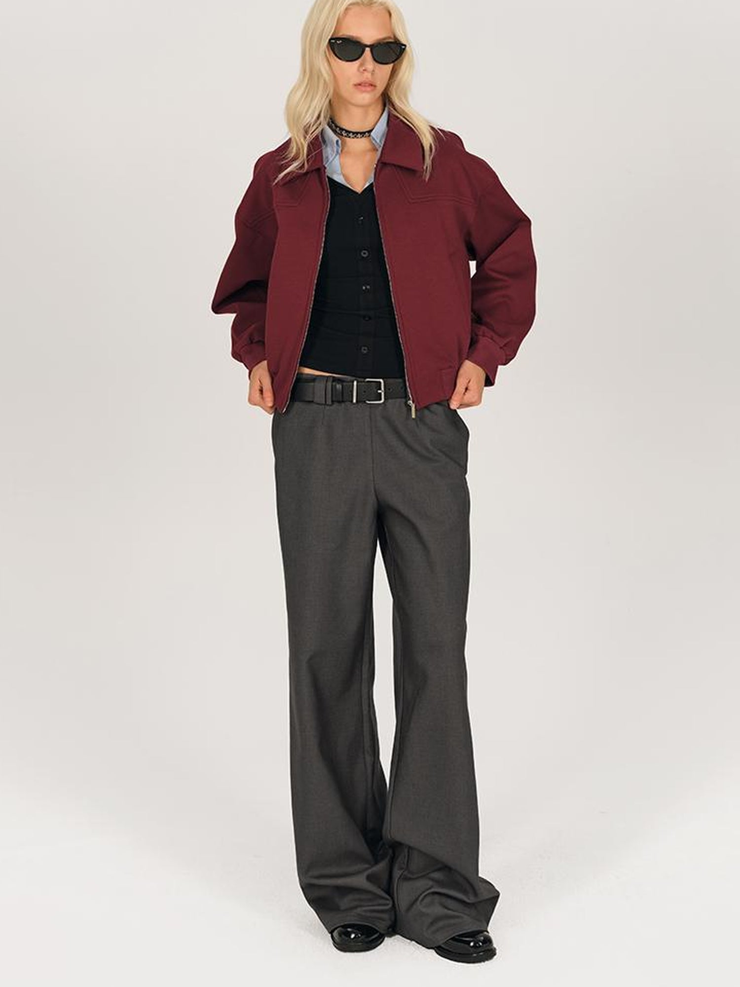 AFTADAWN Red Notch Collar Lyocell Zip Pocket Oversized Jacket