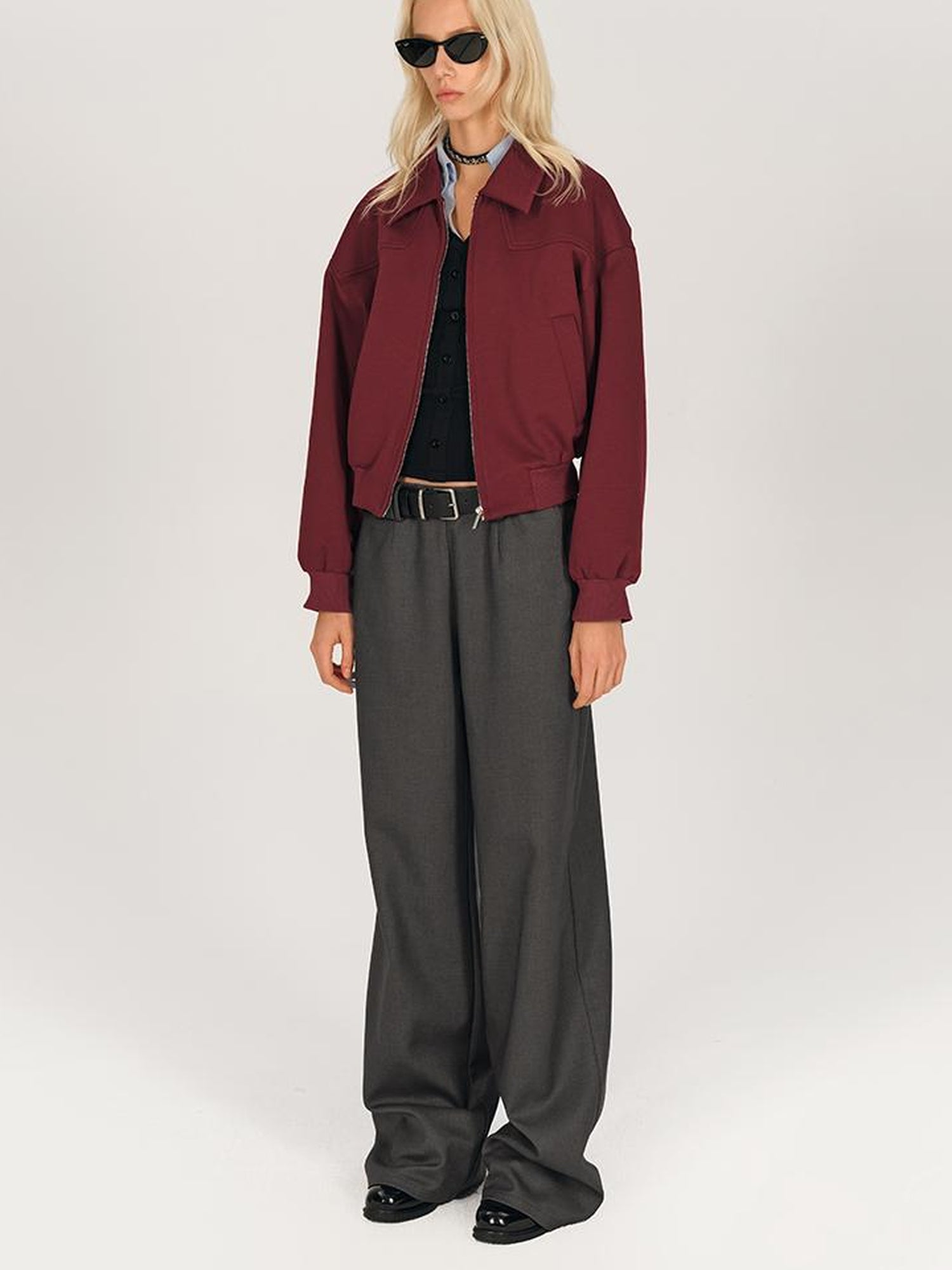 AFTADAWN Red Notch Collar Lyocell Zip Pocket Oversized Jacket