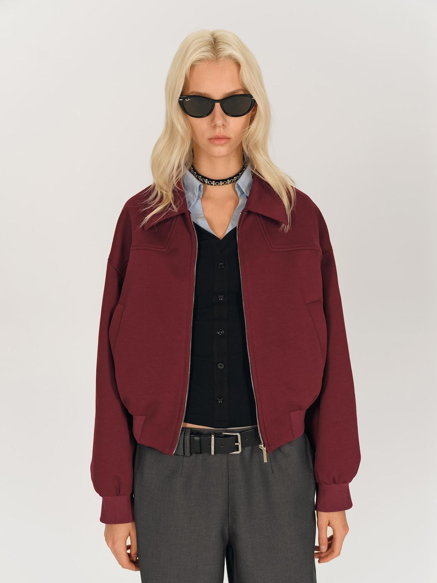 AFTADAWN Red Notch Collar Lyocell Zip Pocket Oversized Jacket