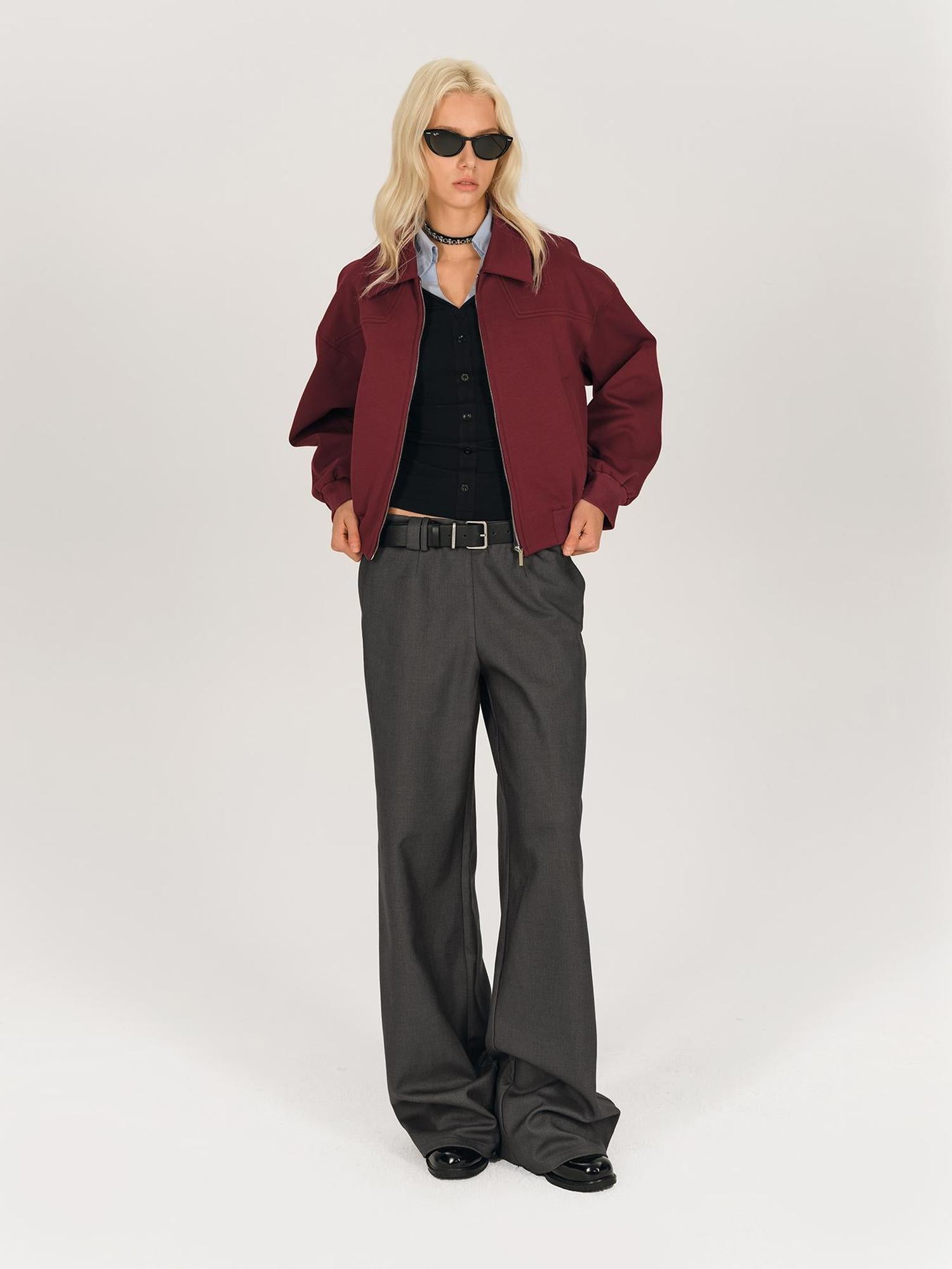 AFTADAWN Red Notch Collar Lyocell Zip Pocket Oversized Jacket