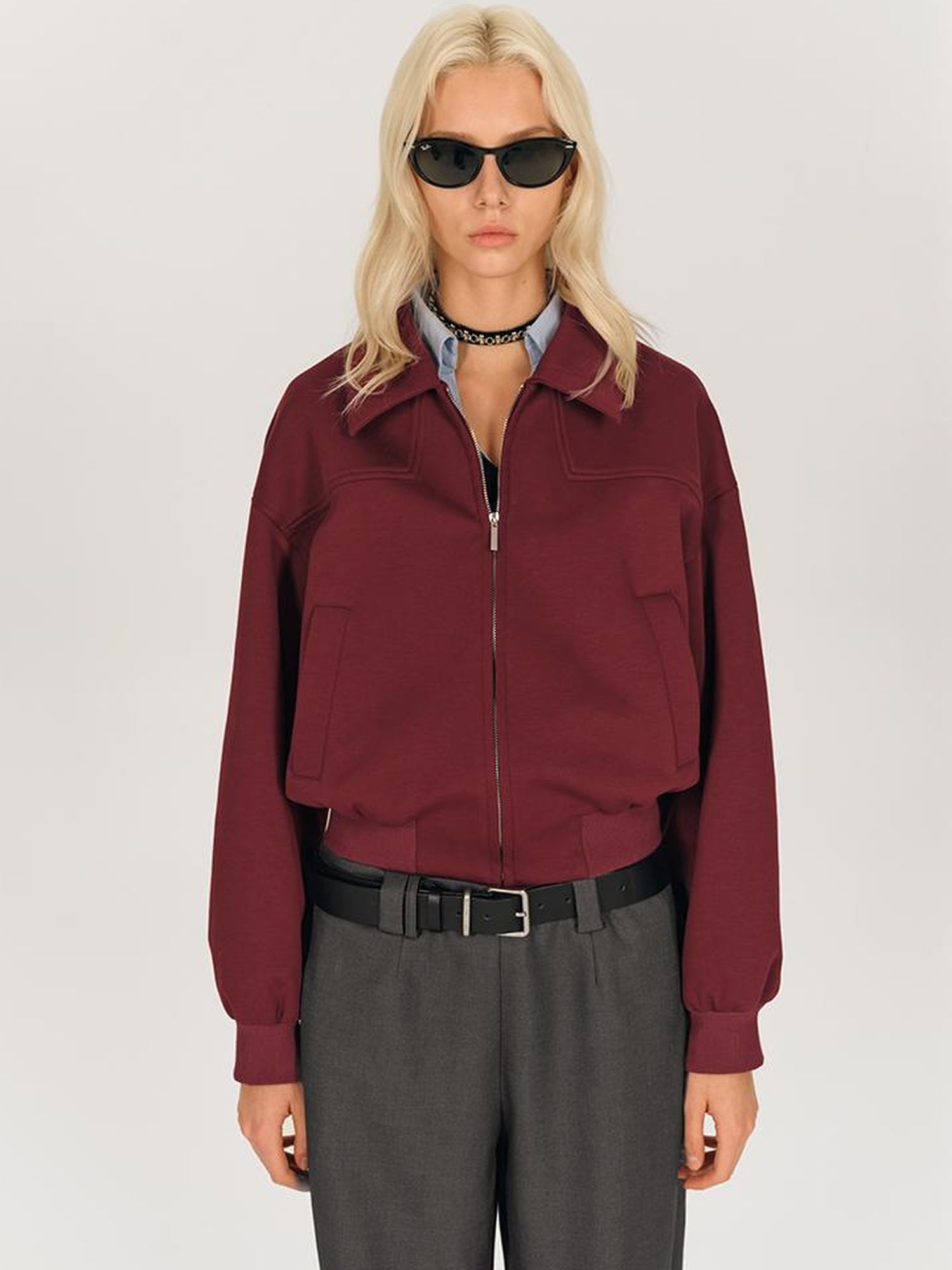 AFTADAWN Red Notch Collar Lyocell Zip Pocket Oversized Jacket