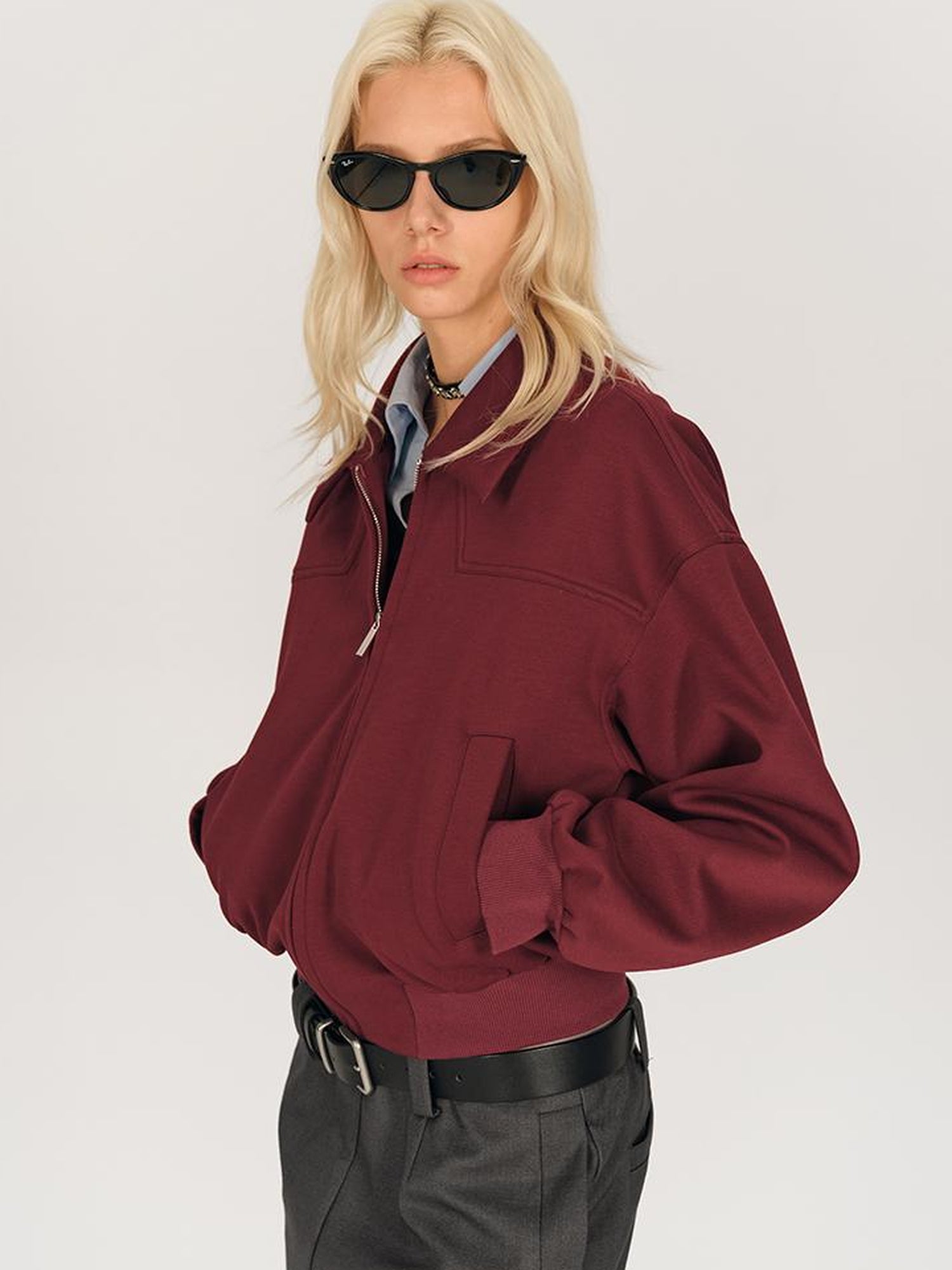 AFTADAWN Red Notch Collar Lyocell Zip Pocket Oversized Jacket