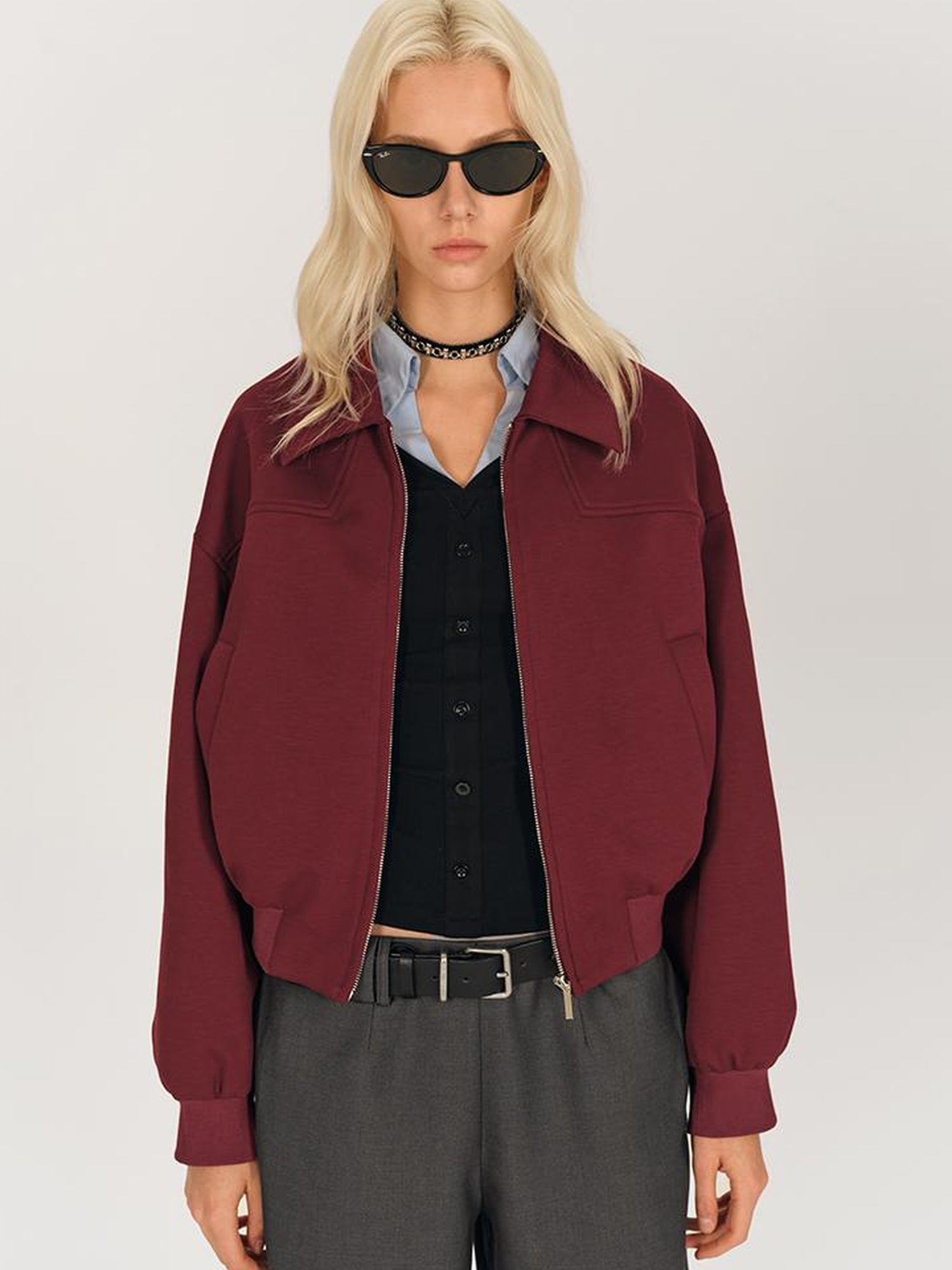 AFTADAWN Red Notch Collar Lyocell Zip Pocket Oversized Jacket