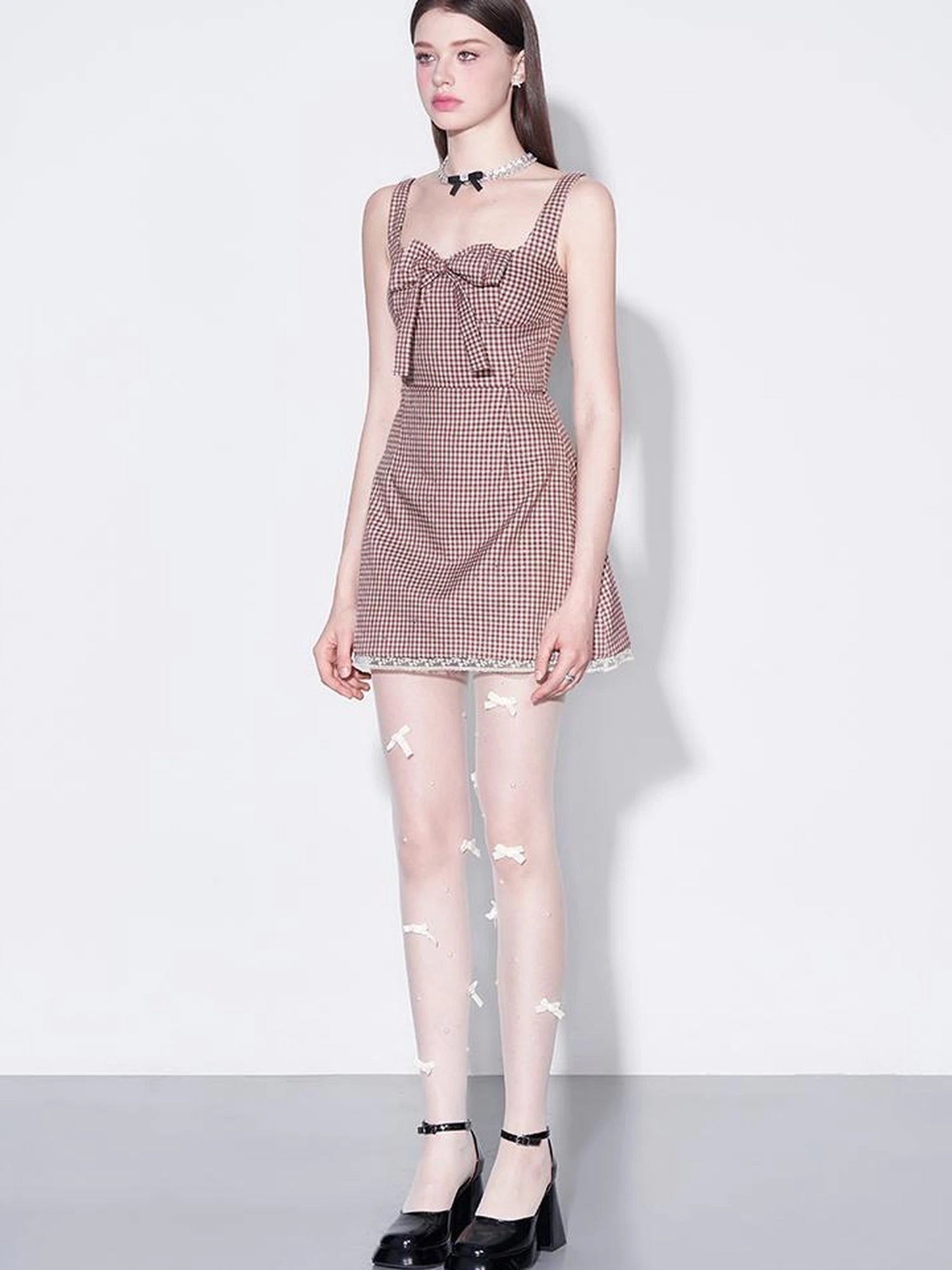 Red Plaid Bow Trim Lace Hem Shift Dress