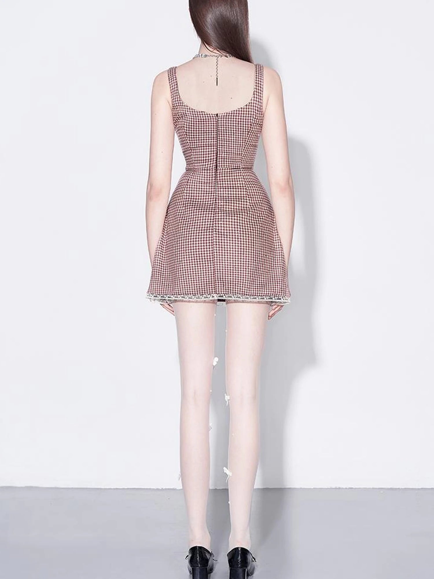 Red Plaid Bow Trim Lace Hem Shift Dress