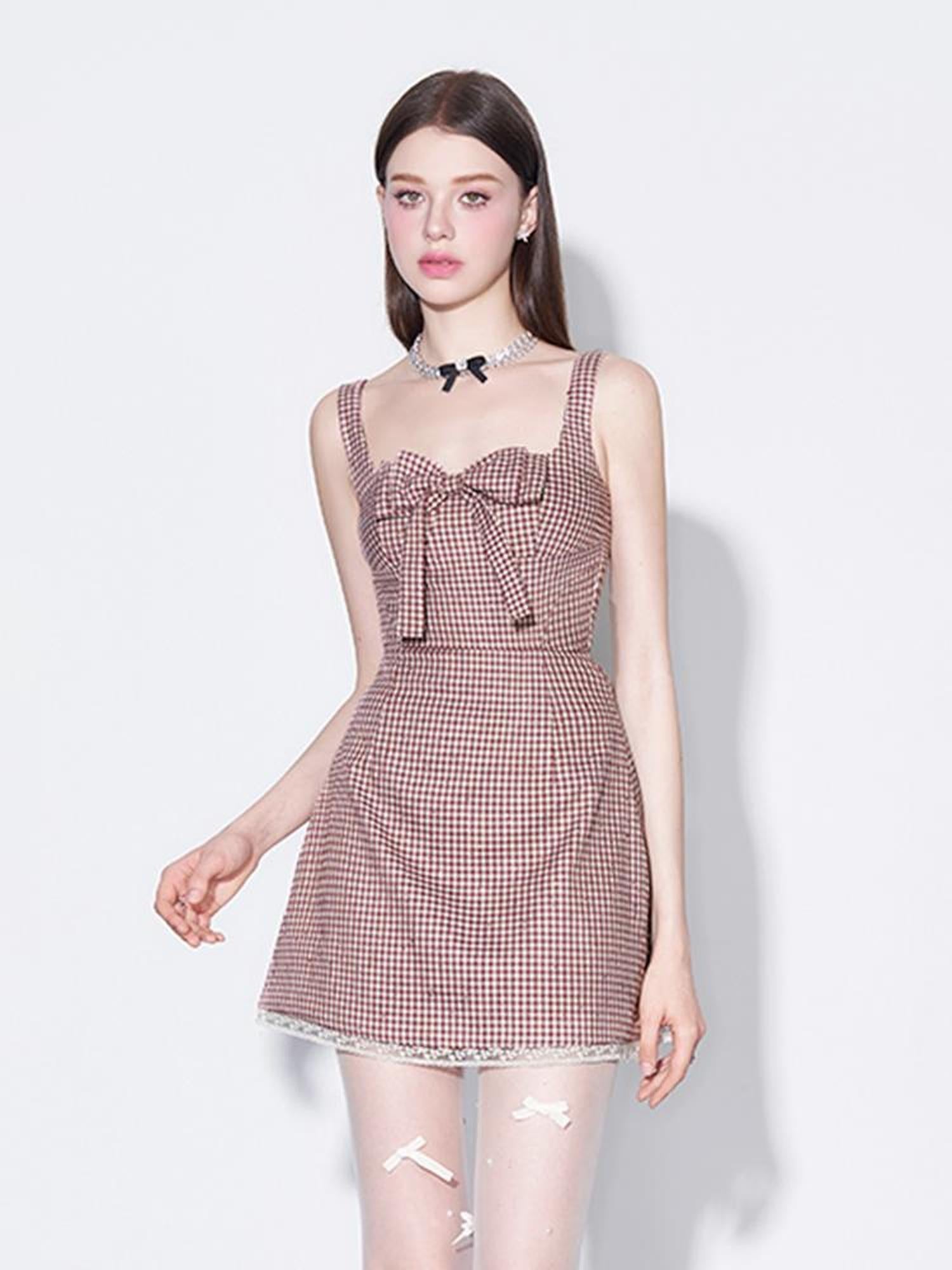 AFTADAWN Red Plaid Bow Trim Lace Hem Shift Dress