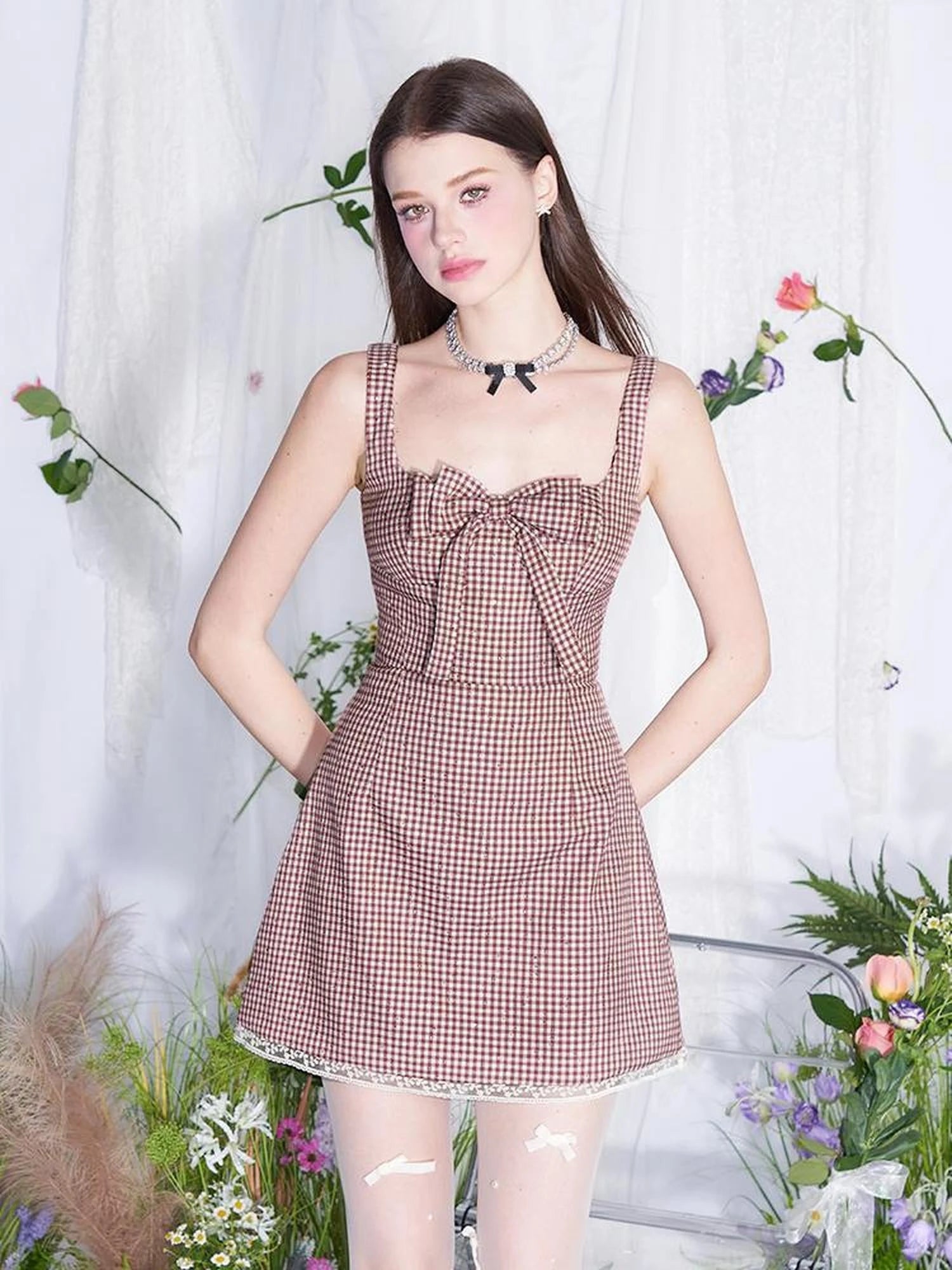 Red Plaid Bow Trim Lace Hem Shift Dress