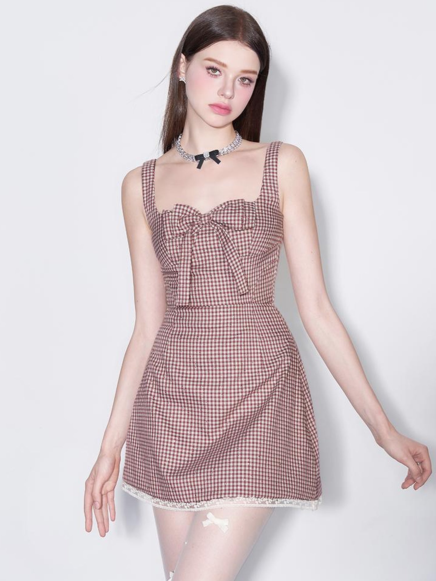 AFTADAWN Red Plaid Bow Trim Lace Hem Shift Dress