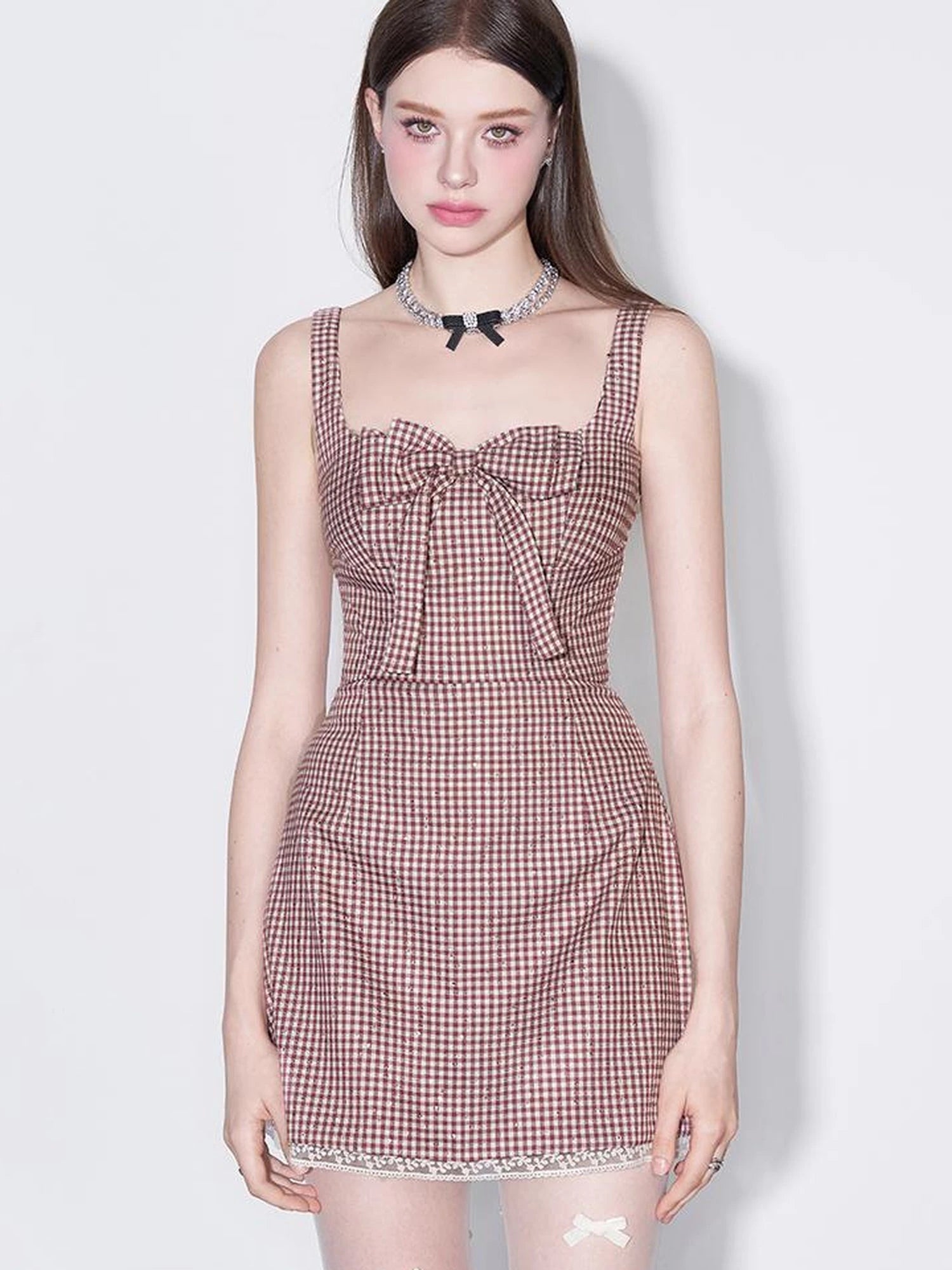 Red Plaid Bow Trim Lace Hem Shift Dress