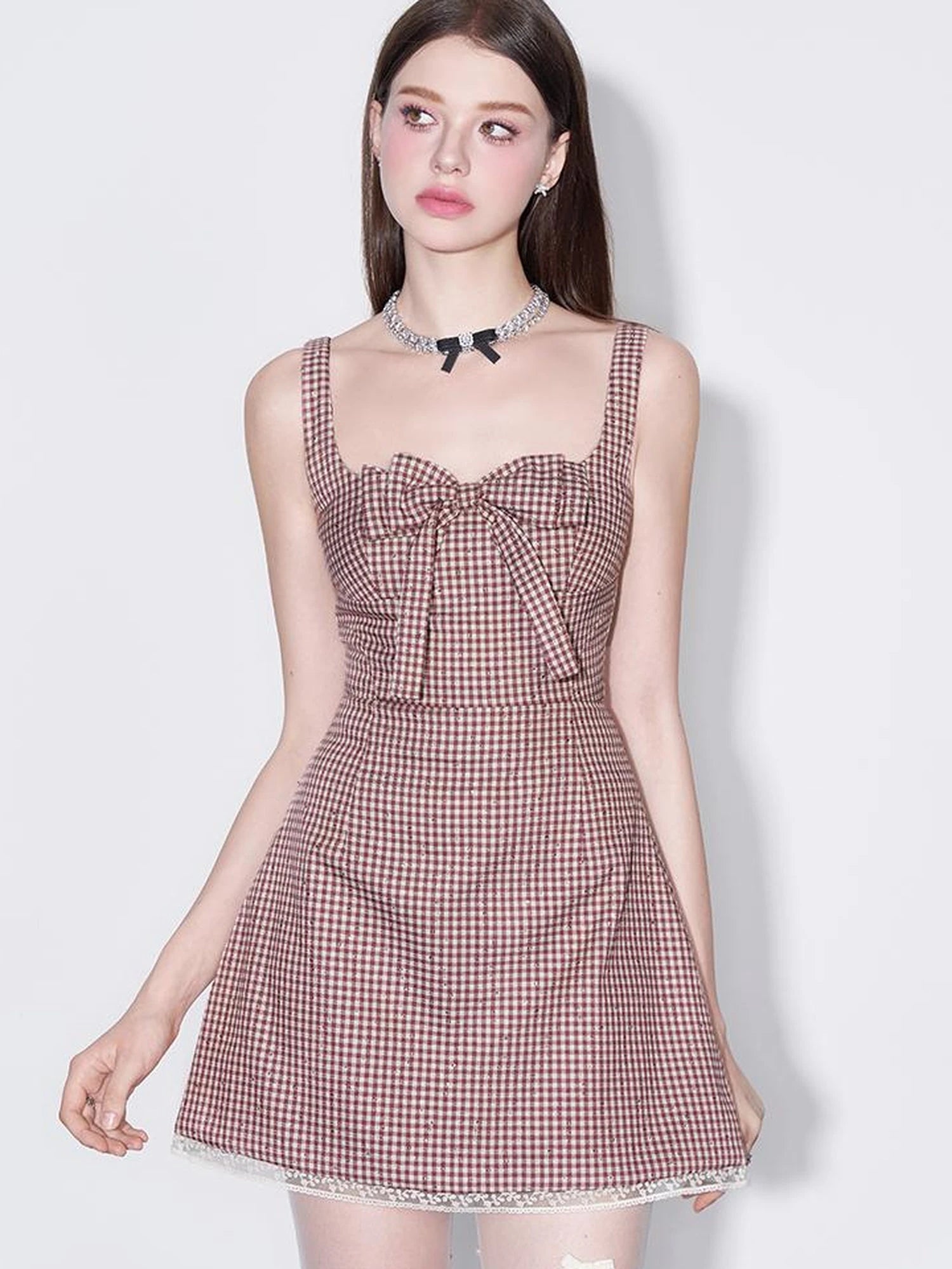 Red Plaid Bow Trim Lace Hem Shift Dress