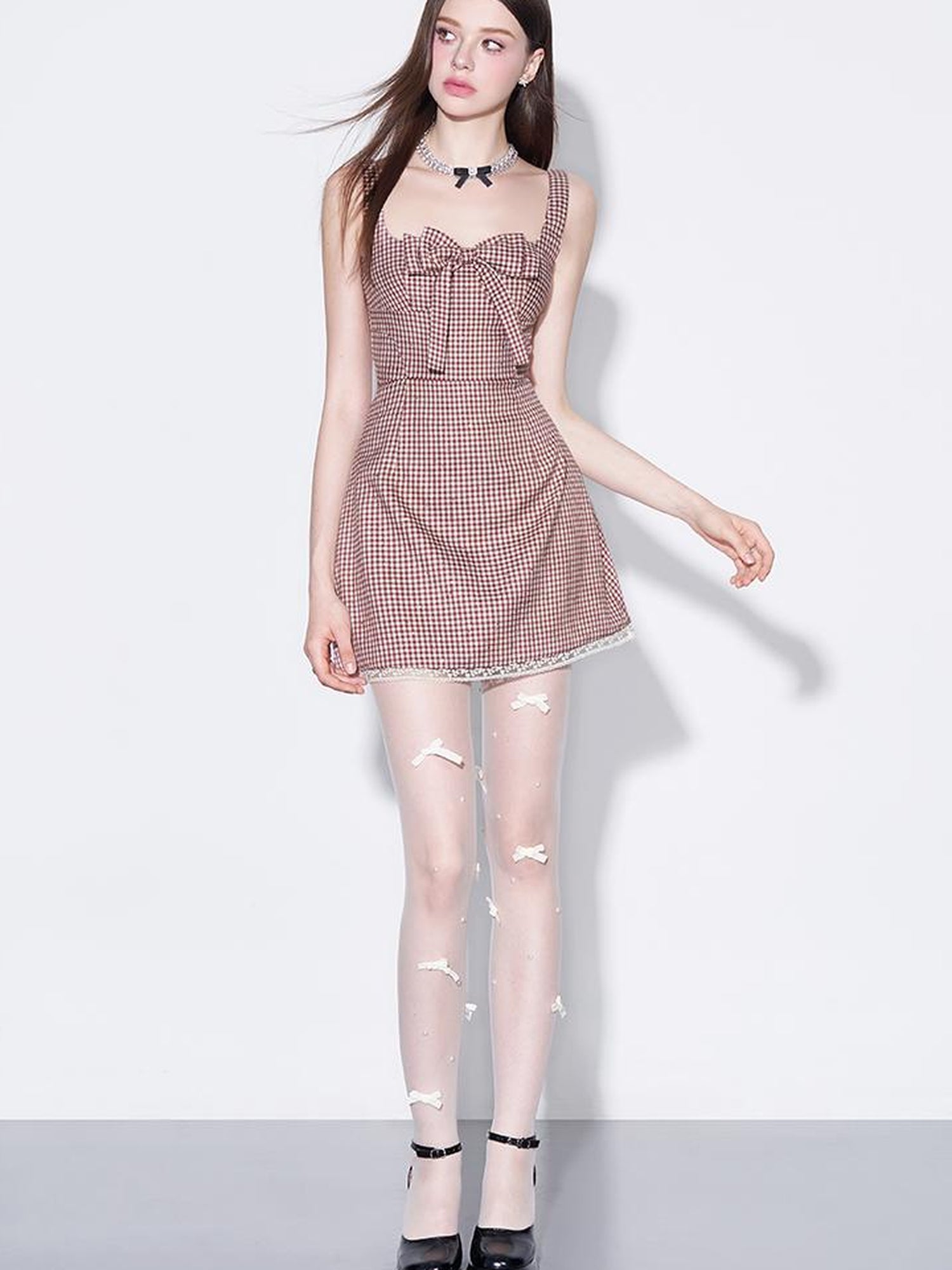 AFTADAWN Red Plaid Bow Trim Lace Hem Shift Dress