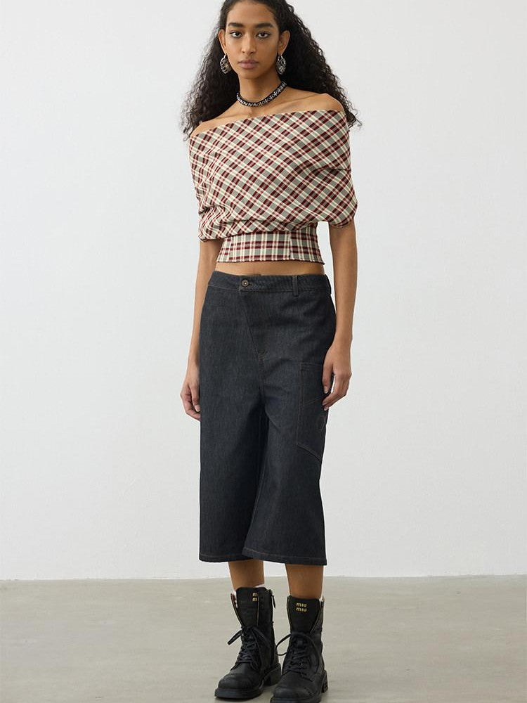 AFTADAWN Red Plaid Ruched Convertible Halter Off Shoulder Women&