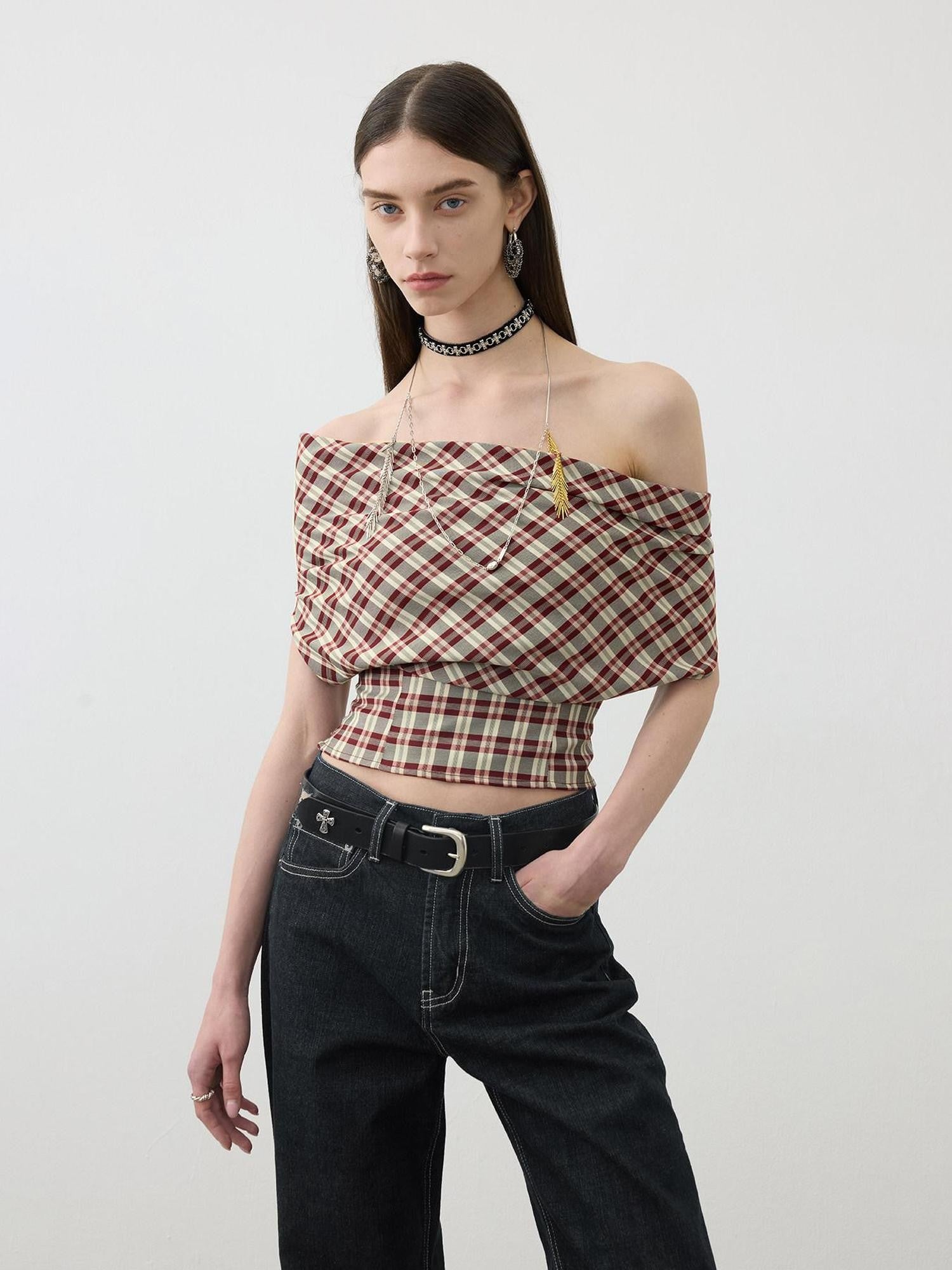 AFTADAWN Red Plaid Ruched Convertible Halter Off Shoulder Women&