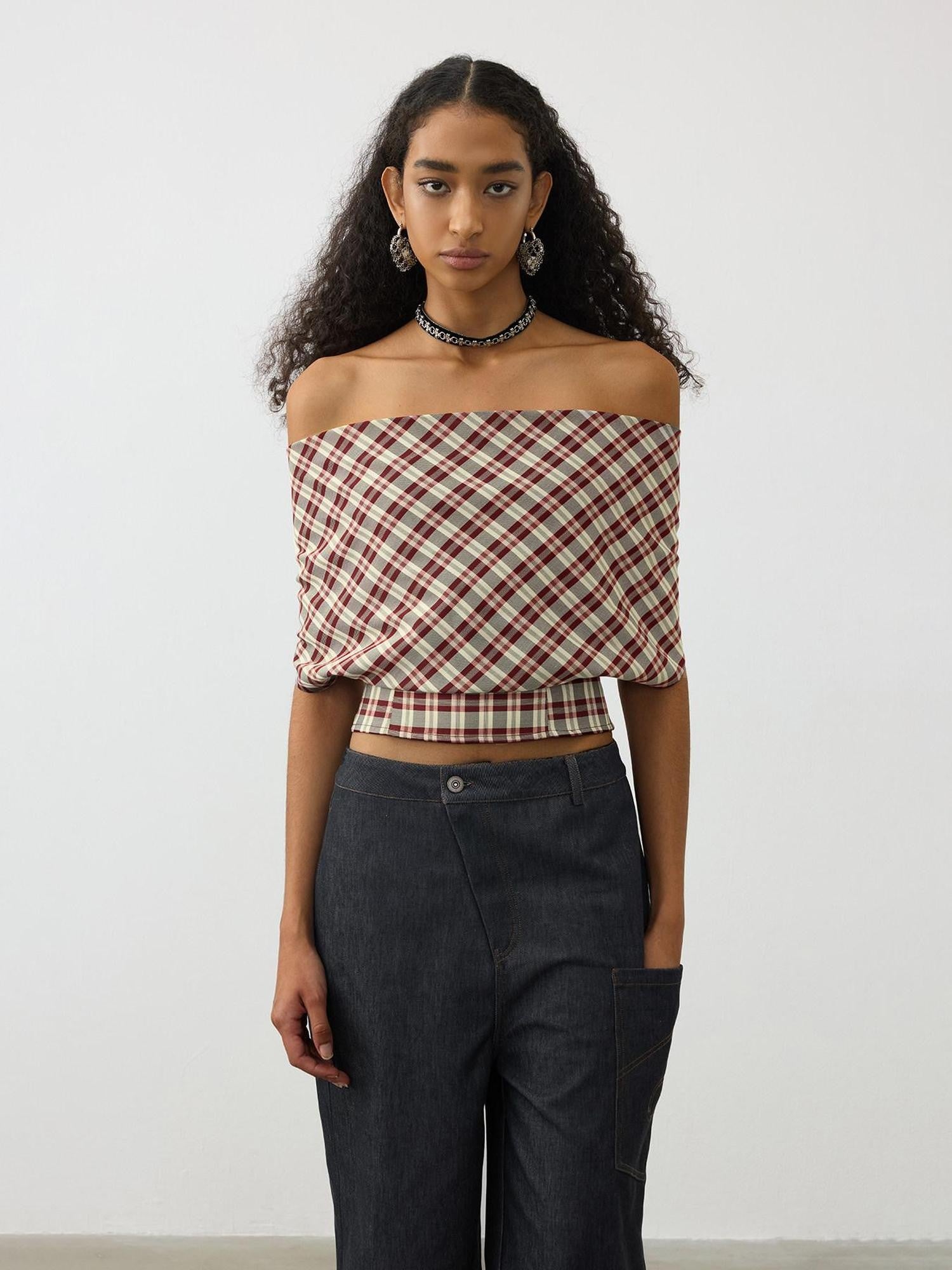 AFTADAWN Red Plaid Ruched Convertible Halter Off Shoulder Women&