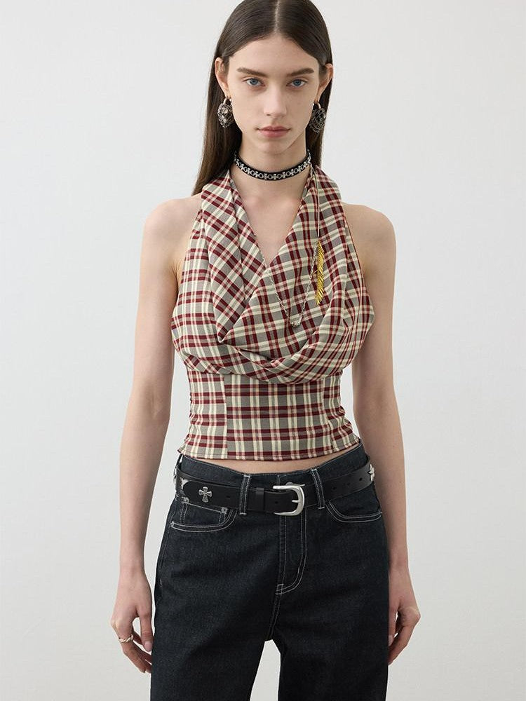 AFTADAWN Red Plaid Ruched Convertible Halter Off Shoulder Women&