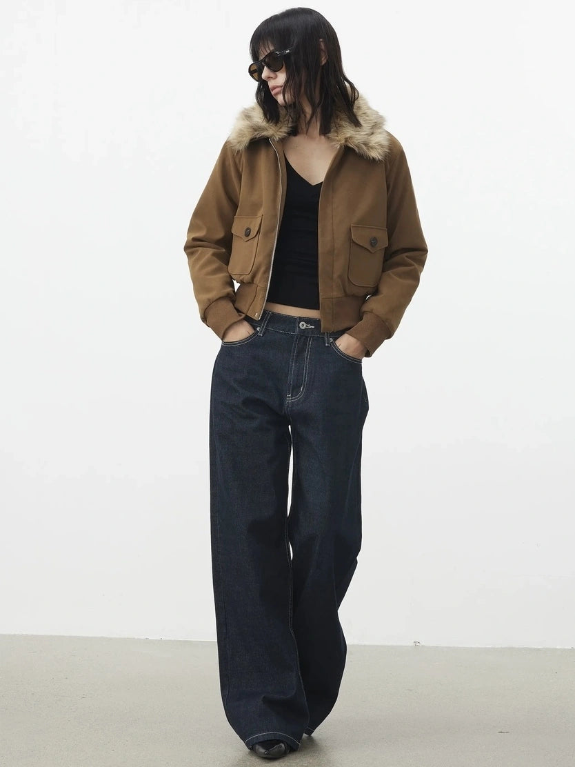 AFTADAWN Reinforced Leopard Print Detachable Fur Collar Jacket Jacket