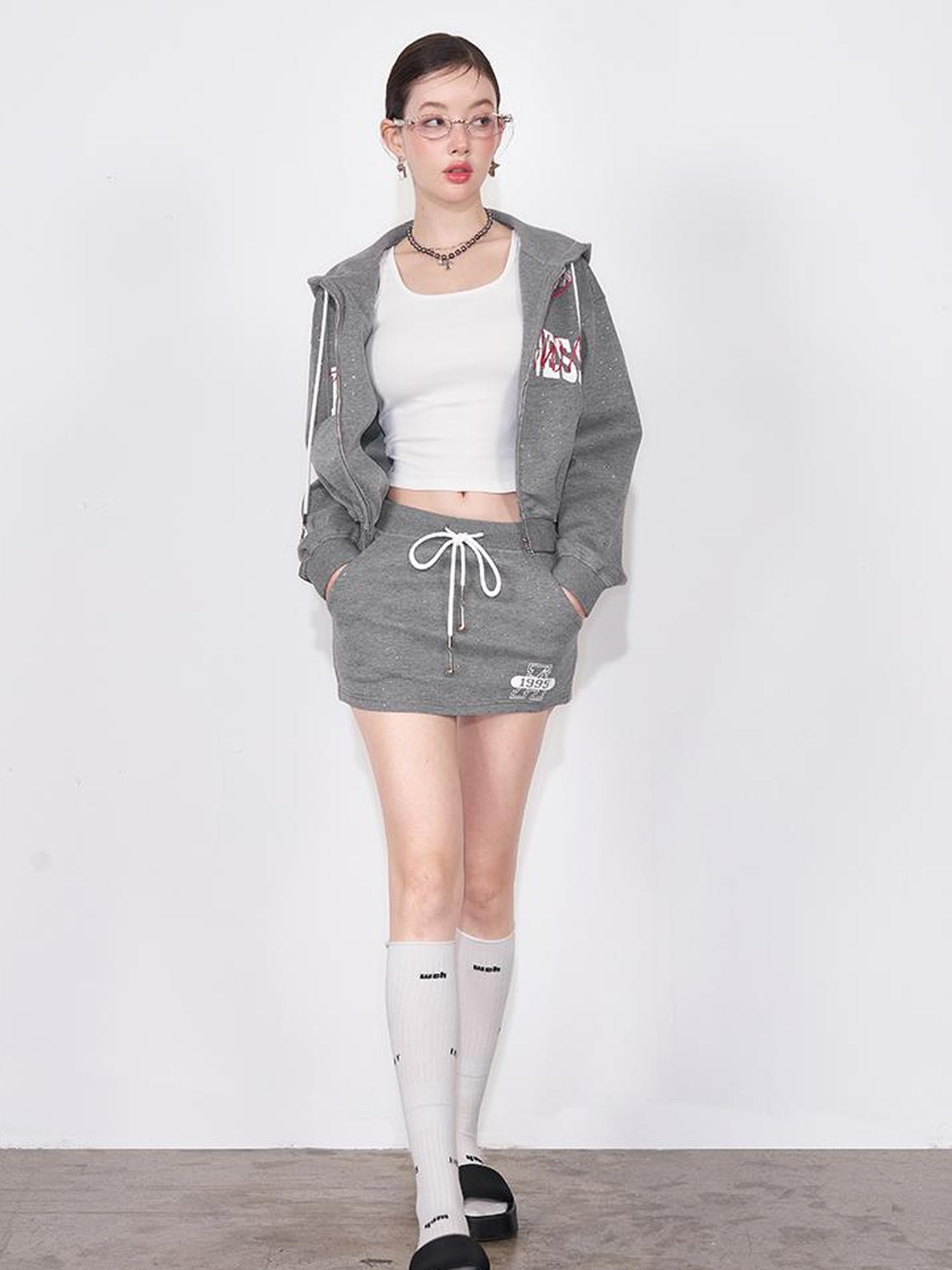 AFTADAWN Retro Air Layer Hoodie Set With Print Skirt