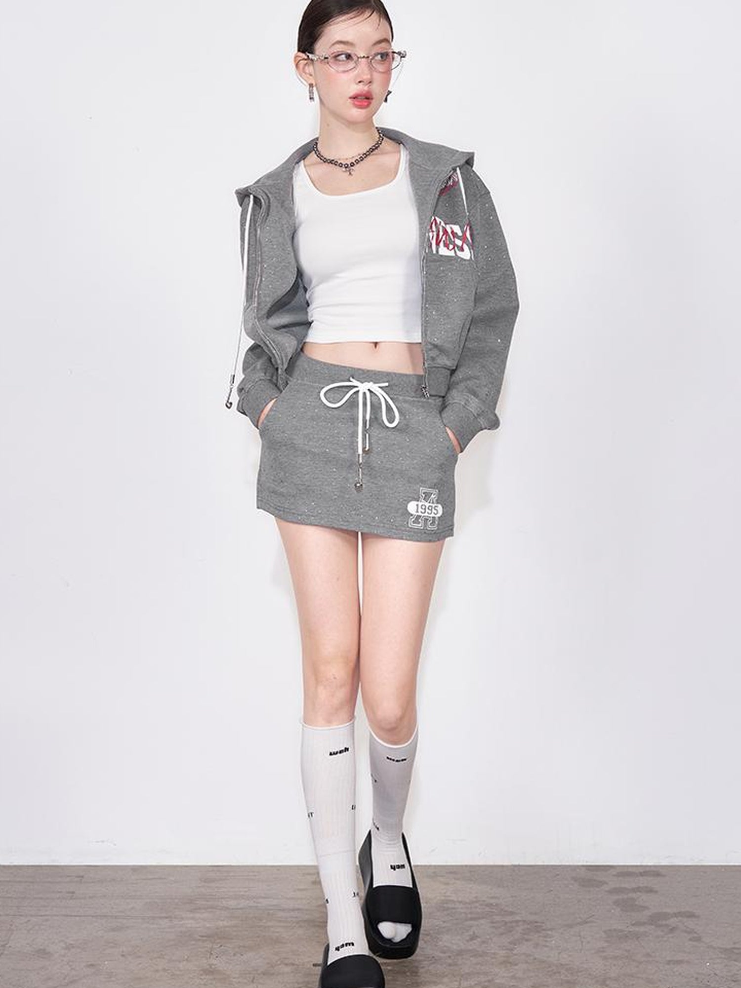 AFTADAWN Retro Air Layer Hoodie Set With Print Skirt