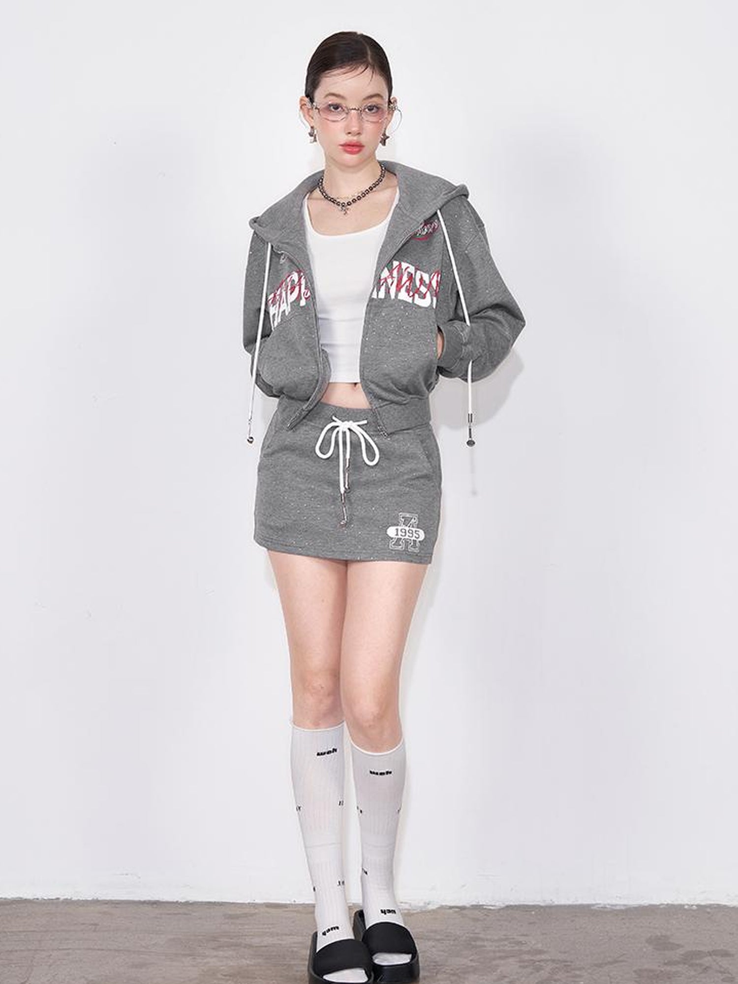 AFTADAWN Retro Air Layer Hoodie Set With Print Skirt