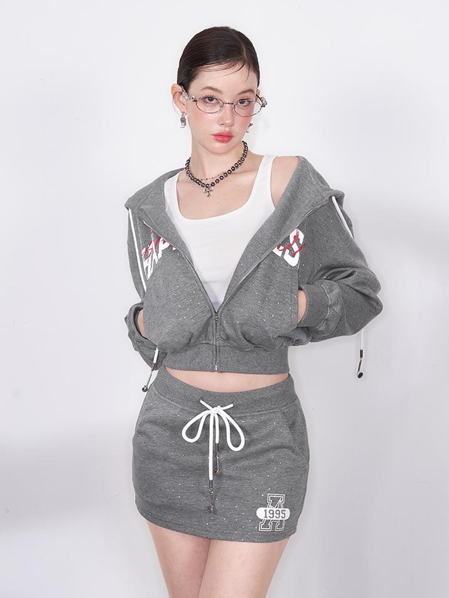 AFTADAWN Retro Air Layer Hoodie Set With Print Skirt