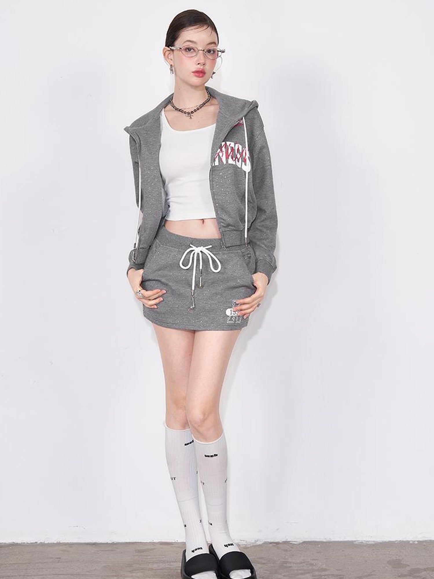 AFTADAWN Retro Air Layer Hoodie Set With Print Skirt