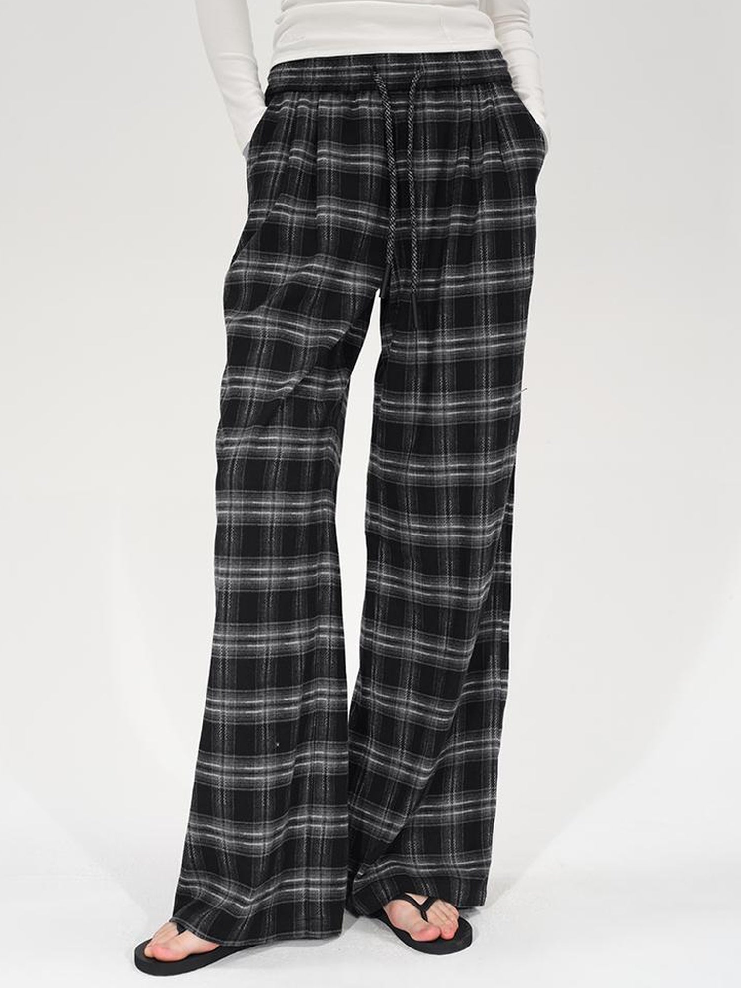 AFTADAWN Retro Checkered Drawstring High Waisted Wide Leg Pants
